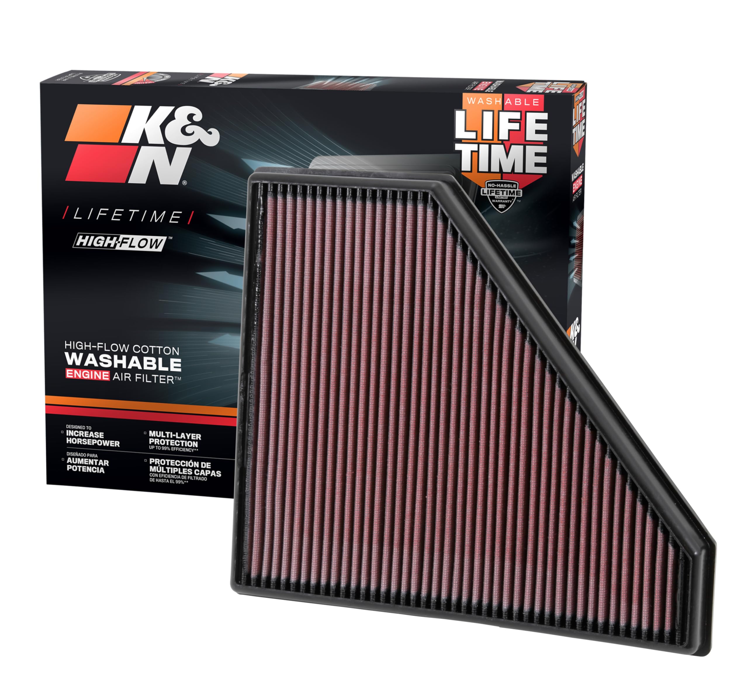 High-Flow K&N Original Lifetime Engine Air Filter: Increase Power: Premium, Washable: Compatible with 2013-2024 Cadillac/Chevrolet: ATS, CTS, Camaro, 33-2496
