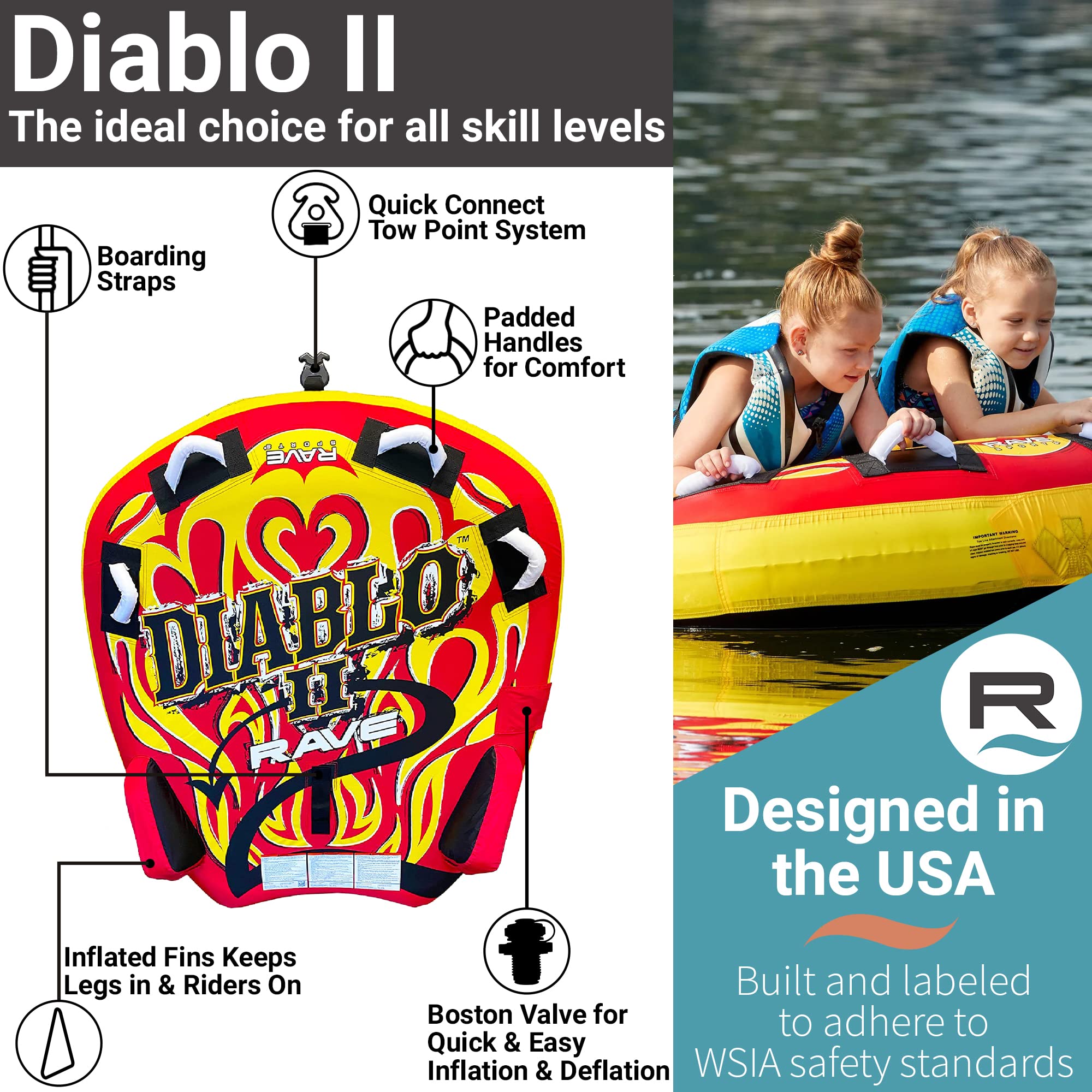 Diablo II RAVE Sports Boat Towable Tube - Inflatable Boating Tube for 1-2 Riders