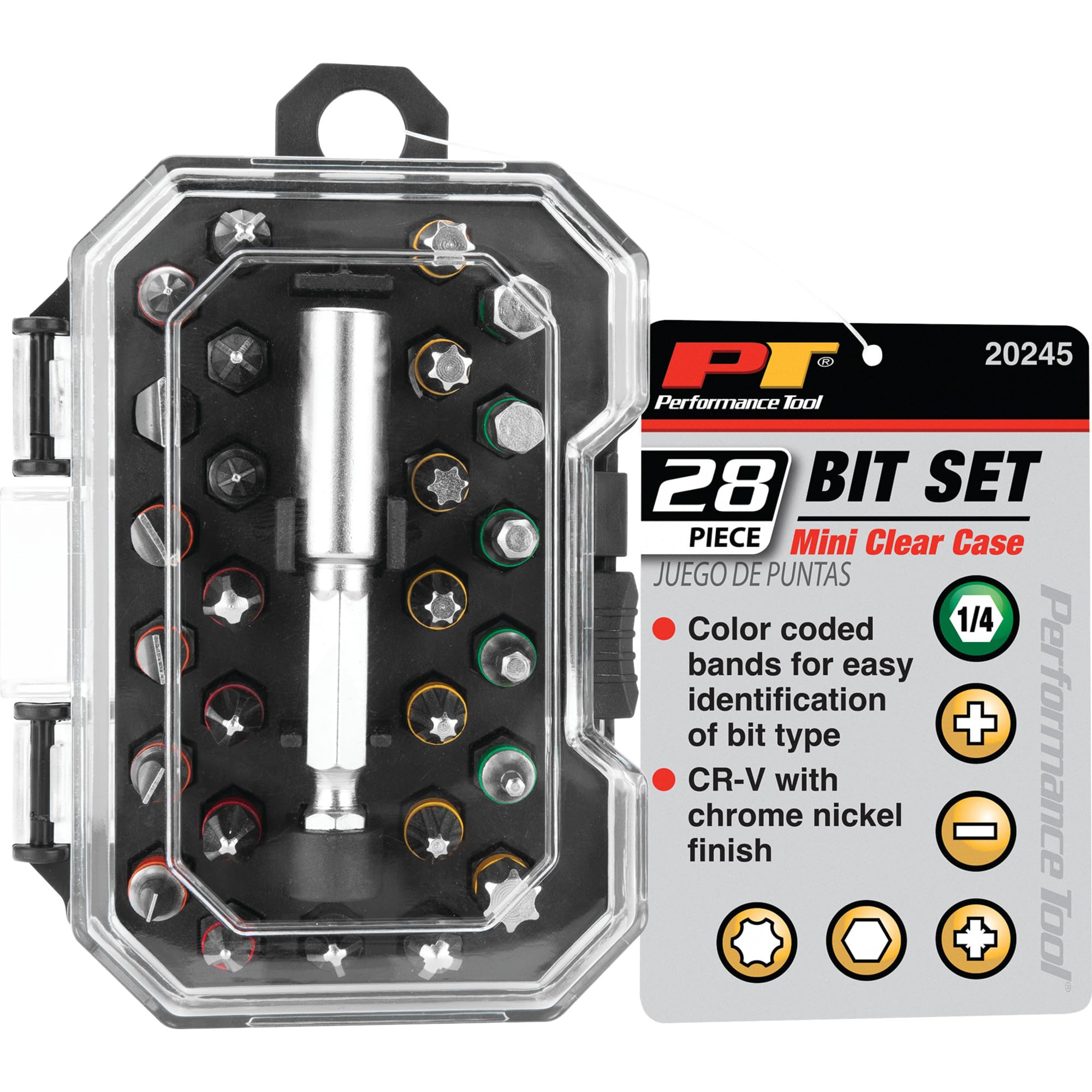28 pc. Performance Tool Magnetic Bit Set in Mini Case, Color Coded Banding, Chrome Vanadium, Peg-Hook Hanger Tab for Storage, with 2-3/8-in Bit Holder, Phillips, Slotted, Pozi, Star, Hex