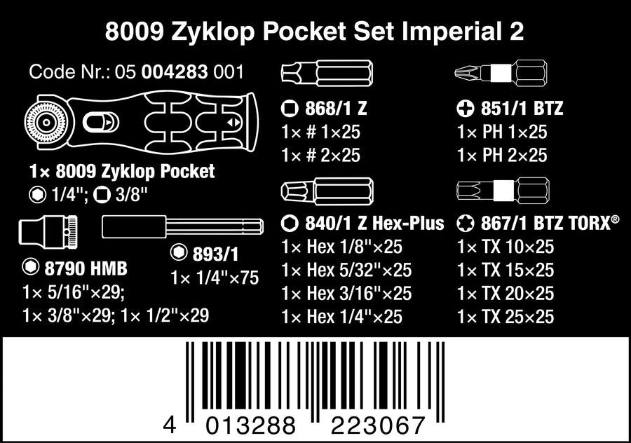 Wera 8009 Zyklop Pocket Set Imperial 2, Ratchet Set, 18 Pieces, Black Green