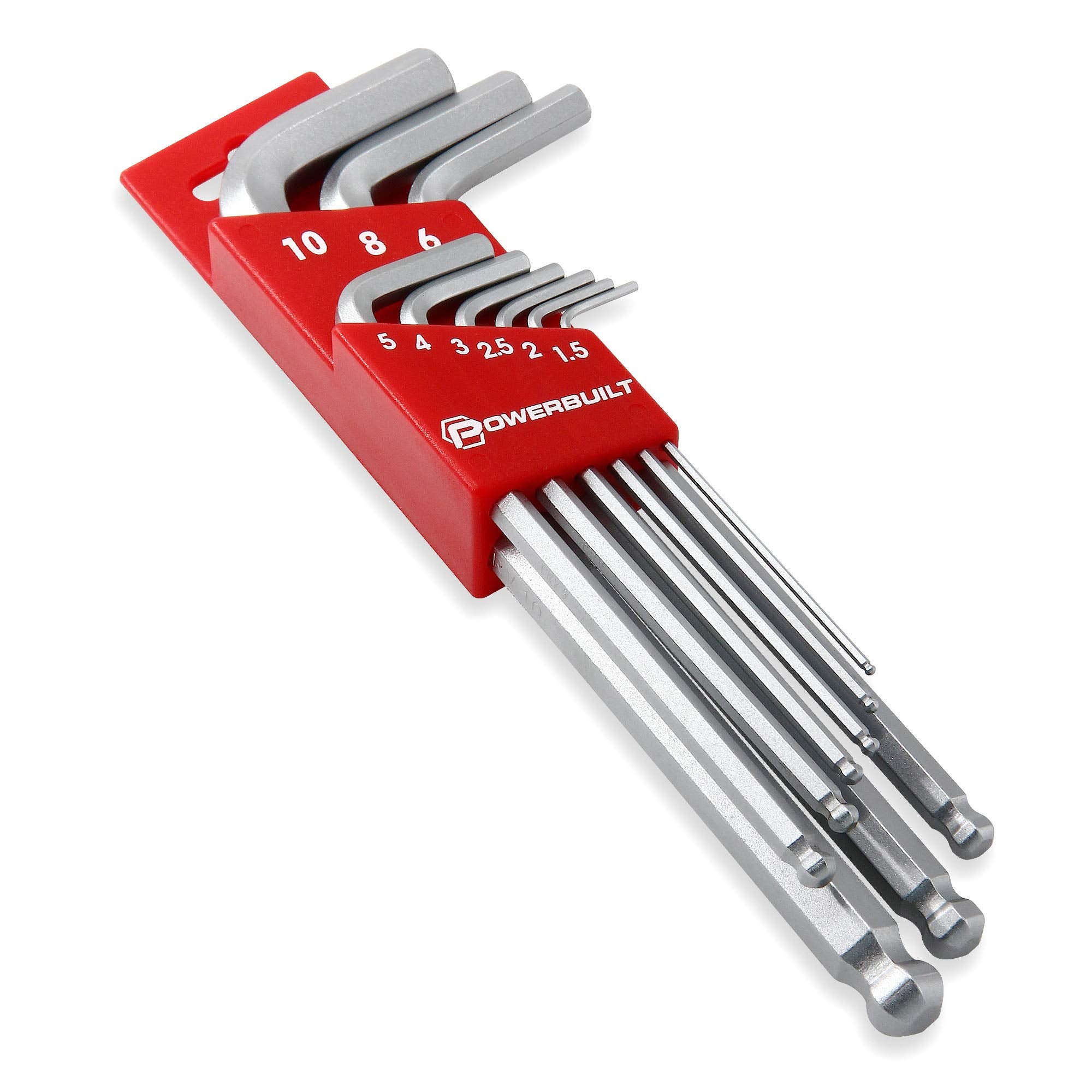 9-Piece Powerbuilt Long Arm Metric Hex Key Wrench Set, Sizes 1.5mm to 10mm, Ball End, Hardened Chrome-Vanadium Steel with Storage Rack – 640082