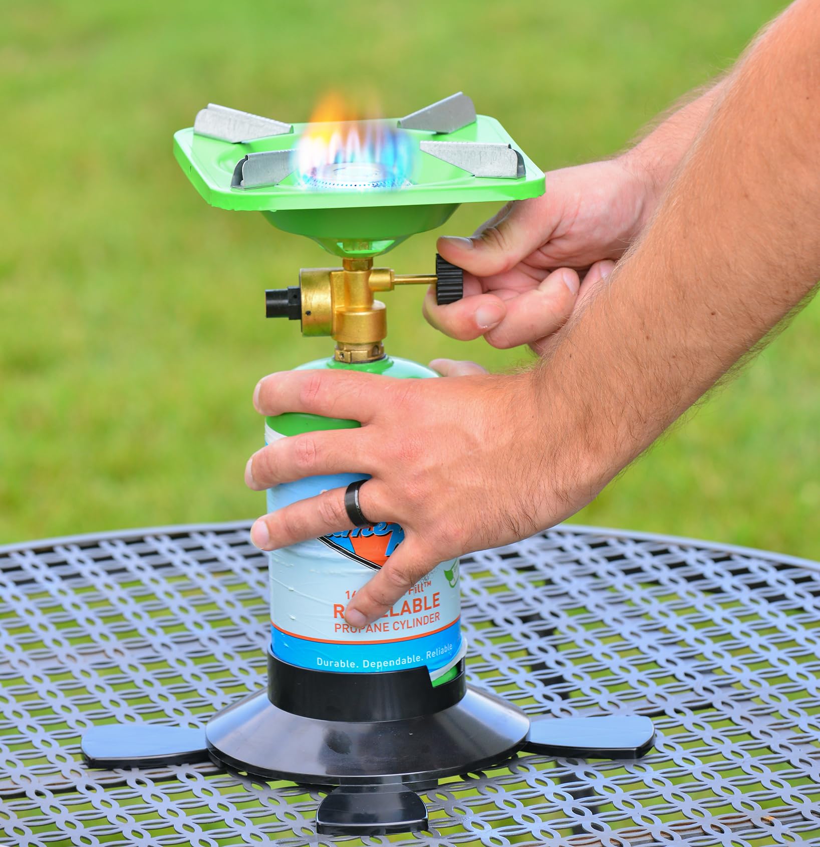 Portable Flame King YSNVT-508 Camping BottleTop Stove with Stable Lightweight Base Stand, Great for Outdoor Cooking, Backpacking, Compatible with 1LB Propane Gas Bottle