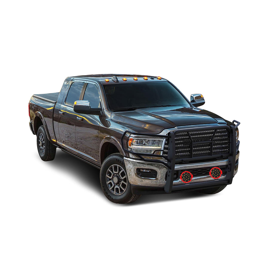 Heavy Duty Black Horse Rugged Grille Brush Bumper Guard Modular Come with Pair of 7.0" Dia.LED Lights with Red Trim Rings Compatible with 2019-2024 Ram 2500|2019-2024 Ram 3500-RU-DORA20-B-PLR