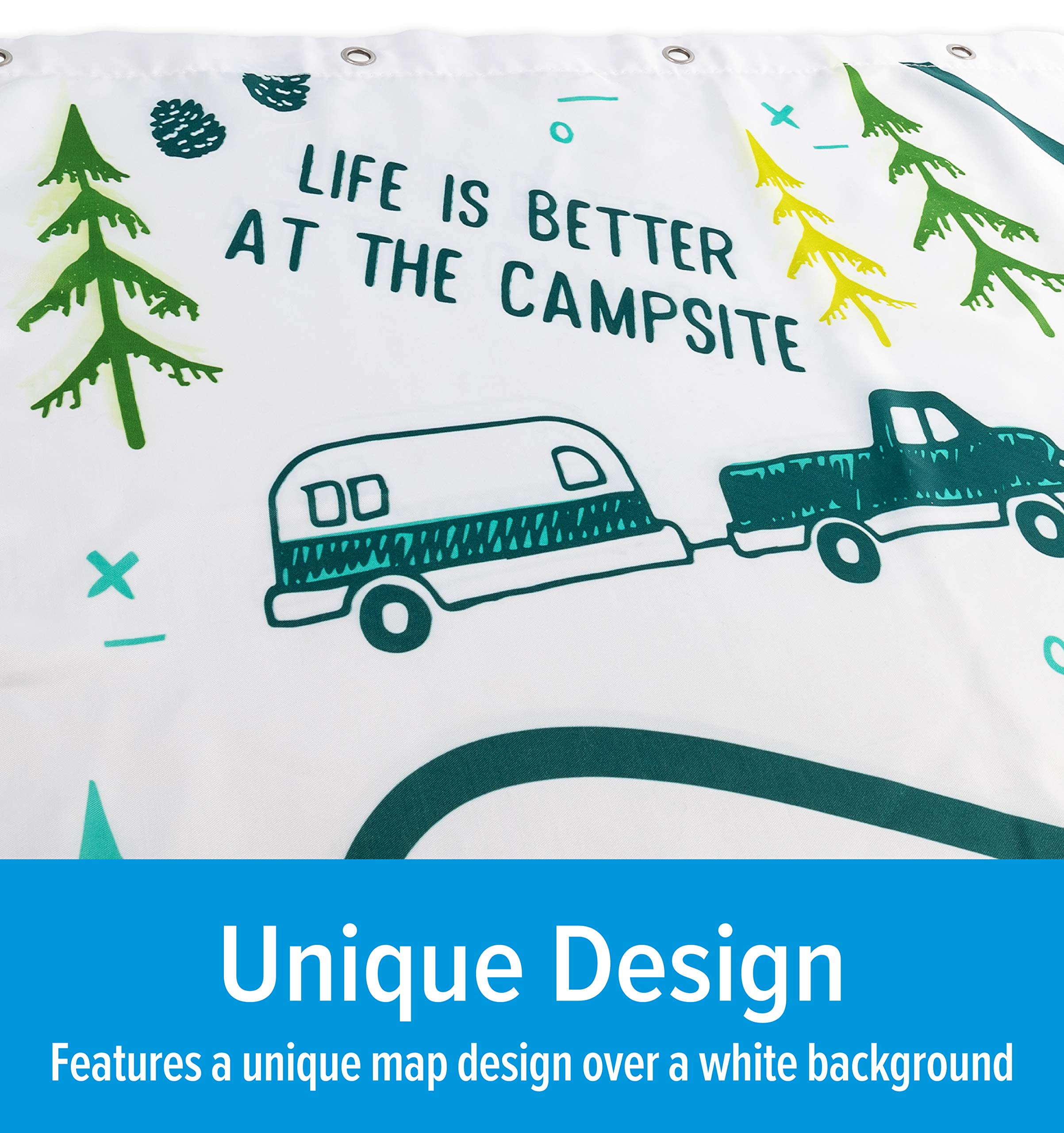 Camco RV-Sized Shower Curtain, Life is Better at The Campsite Features Map Design - Sized to Fit Most RV Showers - Includes (12) Plastic Rings (53245)