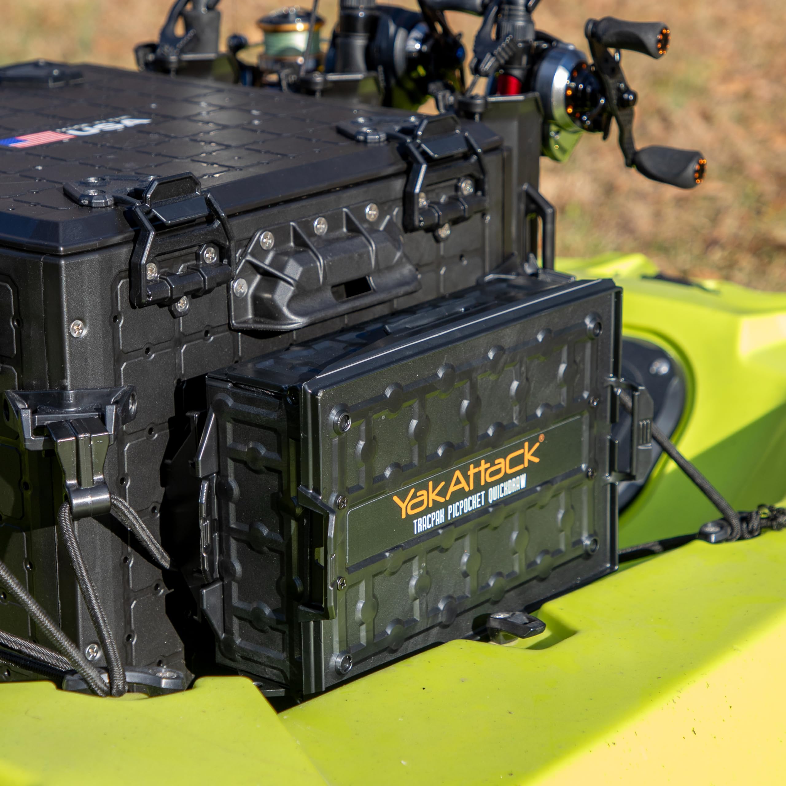 TracPak YakAttack with PicPocket QuickDraw - Black | Track Mount Storage Box with Spring-Loaded Lid | Quick Release Base & Labels Included | Vertical or Horizontal Mount | Made in USA