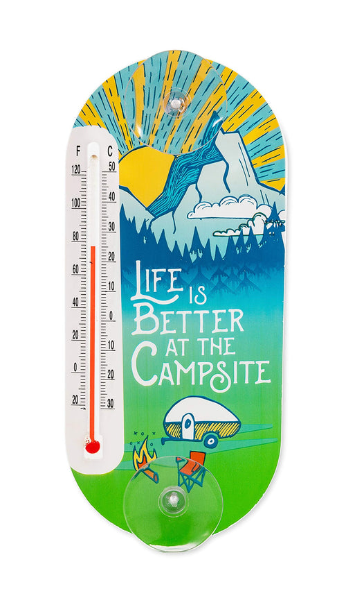 Indoor Outdoor Thermometer Camco Life is Better at The Campsite - Features Temperature Range from -22°F to 122°F & -30°C to 50°C - Includes 2 Suction Cups for Window Placement - Camping Design (53366)