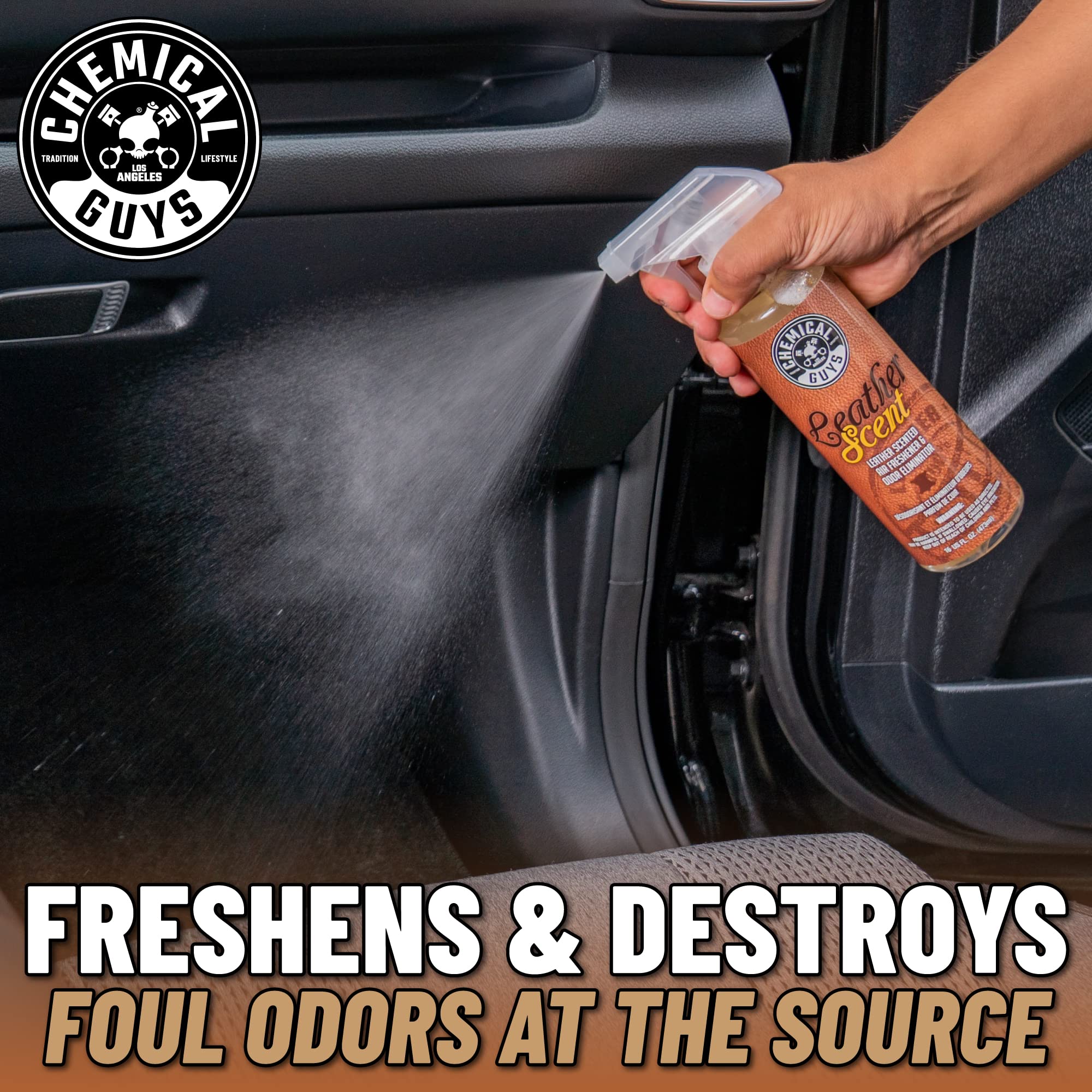 Leather Scent Chemical Guys Premium Air Freshener & Odor Eliminator – Car Air Freshener Leather Scent– Eliminates Odors and Refreshes Cars, Trucks, SUVs and RVs, 16 oz