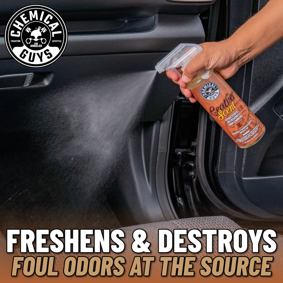 Leather Scent Chemical Guys Premium Air Freshener & Odor Eliminator – Car Air Freshener Leather Scent– Eliminates Odors and Refreshes Cars, Trucks, SUVs and RVs, 16 oz