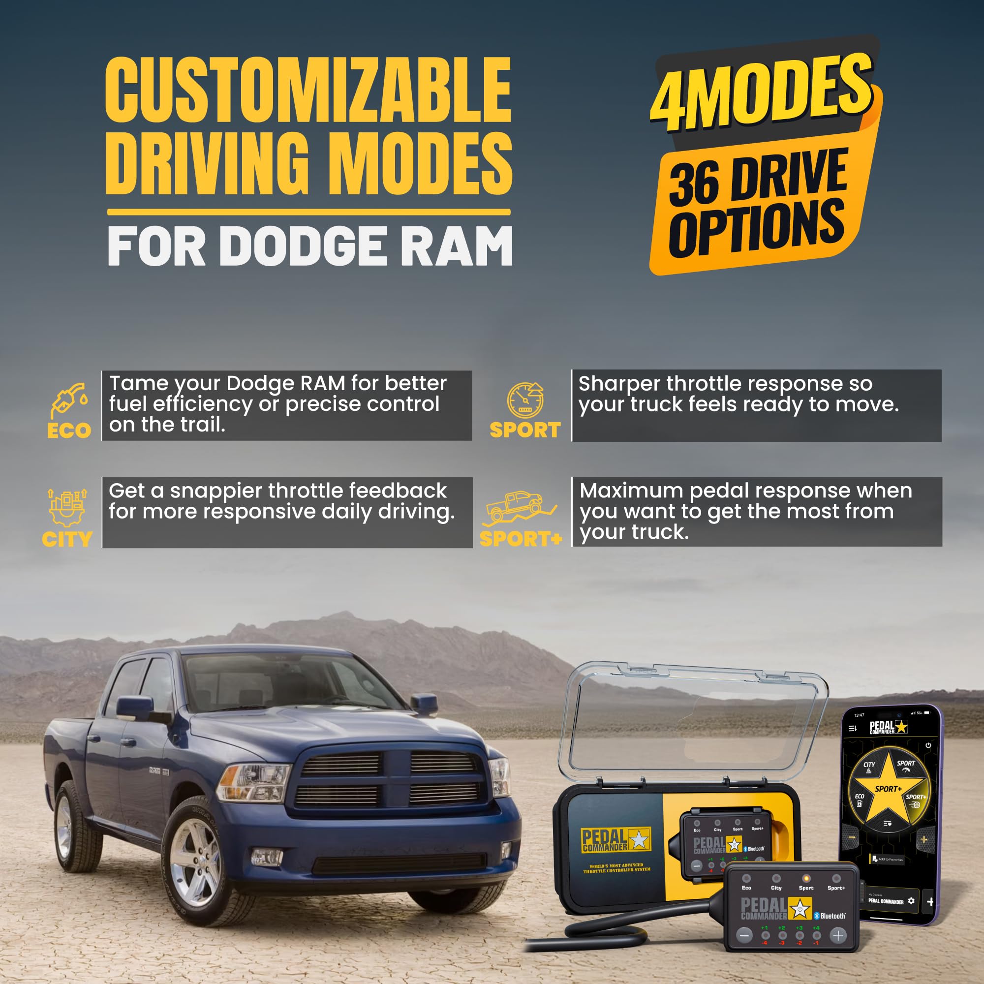 Throttle Response Controller PEDAL COMMANDER for Ram Truck 2007-2018 Dodge Gas & Diesel (Not Compatible w/ 2011-2014 HO) - Plug-and-Play Throttle Controller, App Control, Ram Accessories
