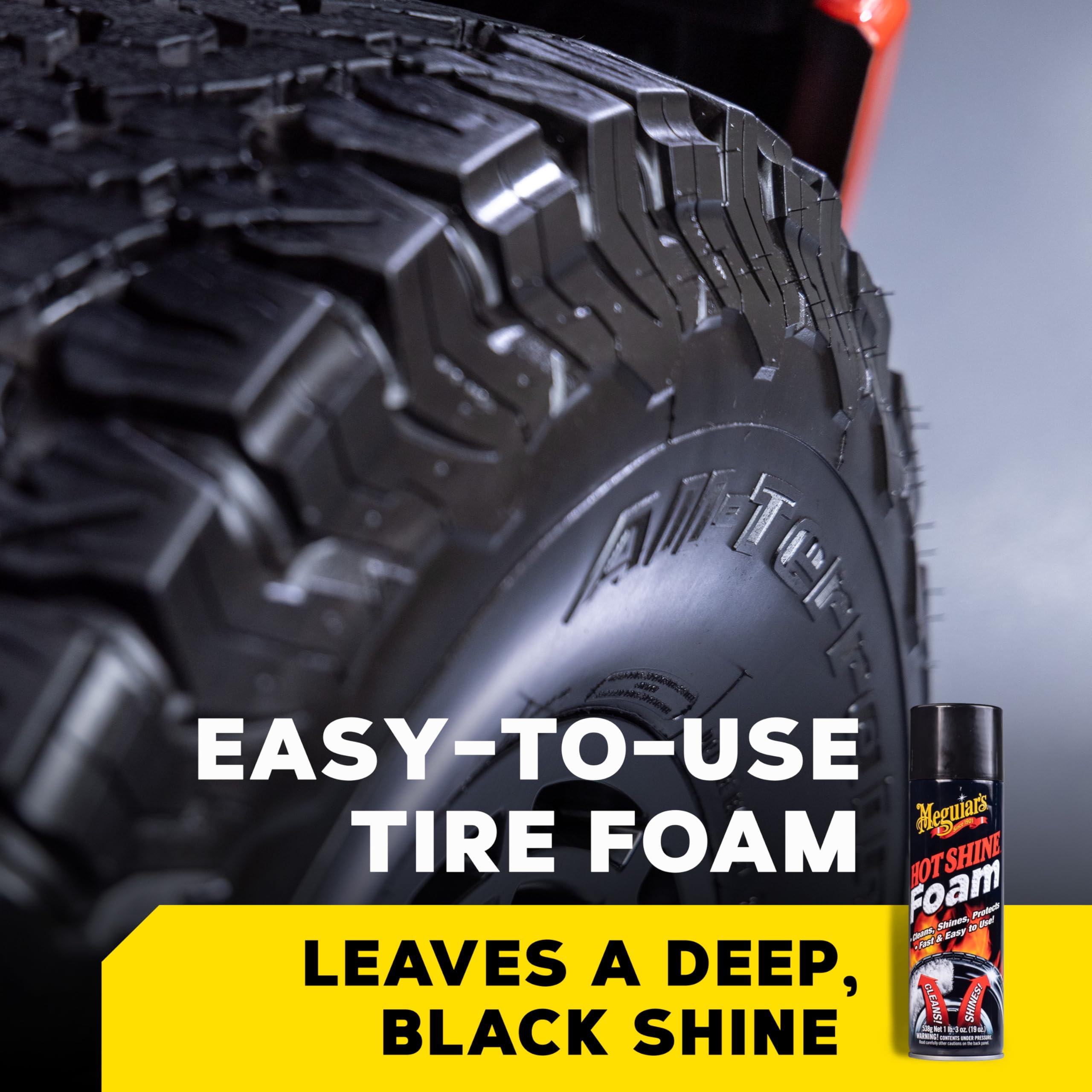 Hot Shine Meguiar's Tire Foam, High Gloss Tire Shine That Cleans, Shines, and Protects in One Step, Deep, Black Shine with Conditioners and UV Protection, Best Gifts for Car Lovers, 19 Oz Aerosol