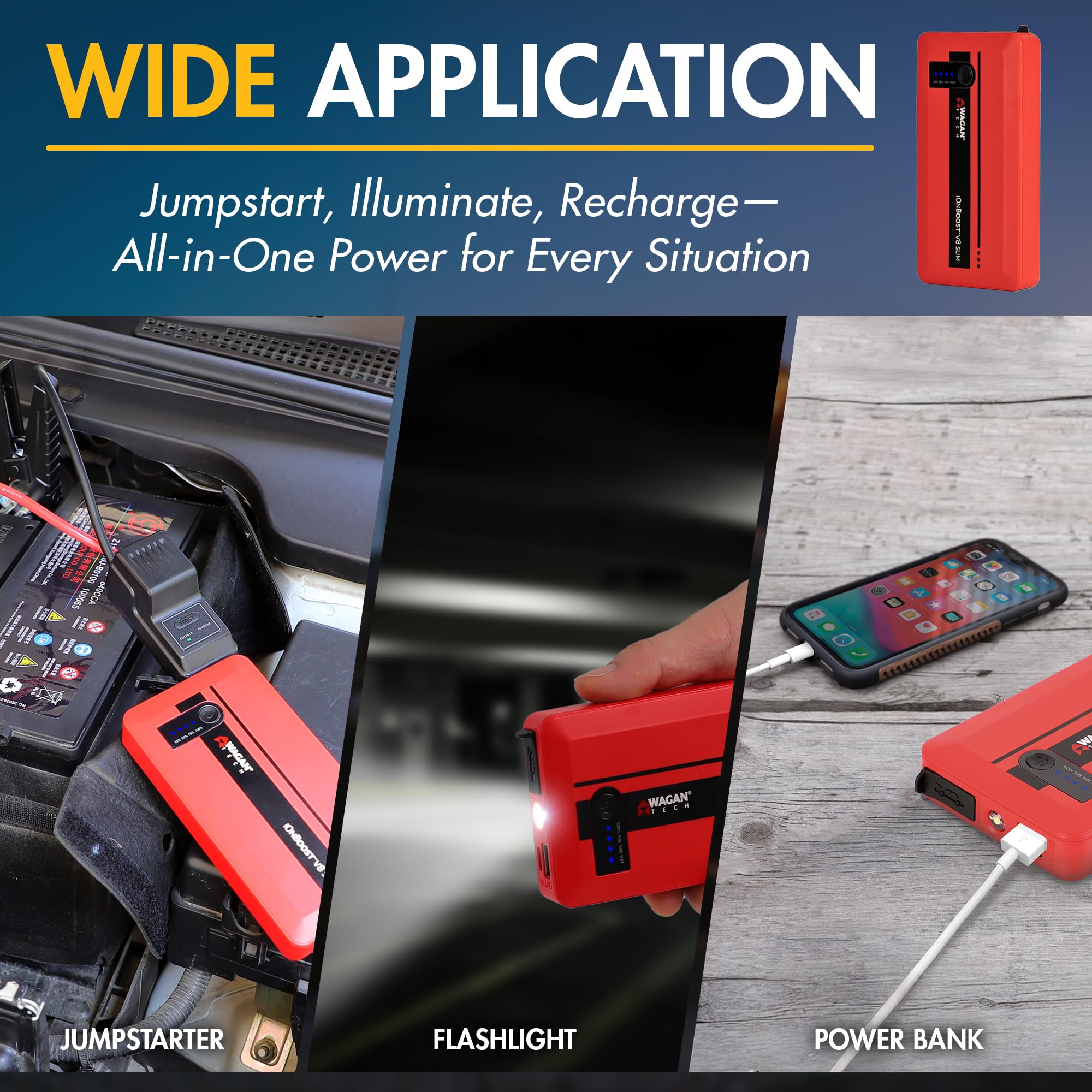 Wagan iOnBoost V8 Slim Jump Starter 1200A Peak Portable 12V Lithium Car Battery Booster for Up to 4.0L V8 Gas or 2.0L Diesel 12V Jump Pack with USB Power Bank and LED Light