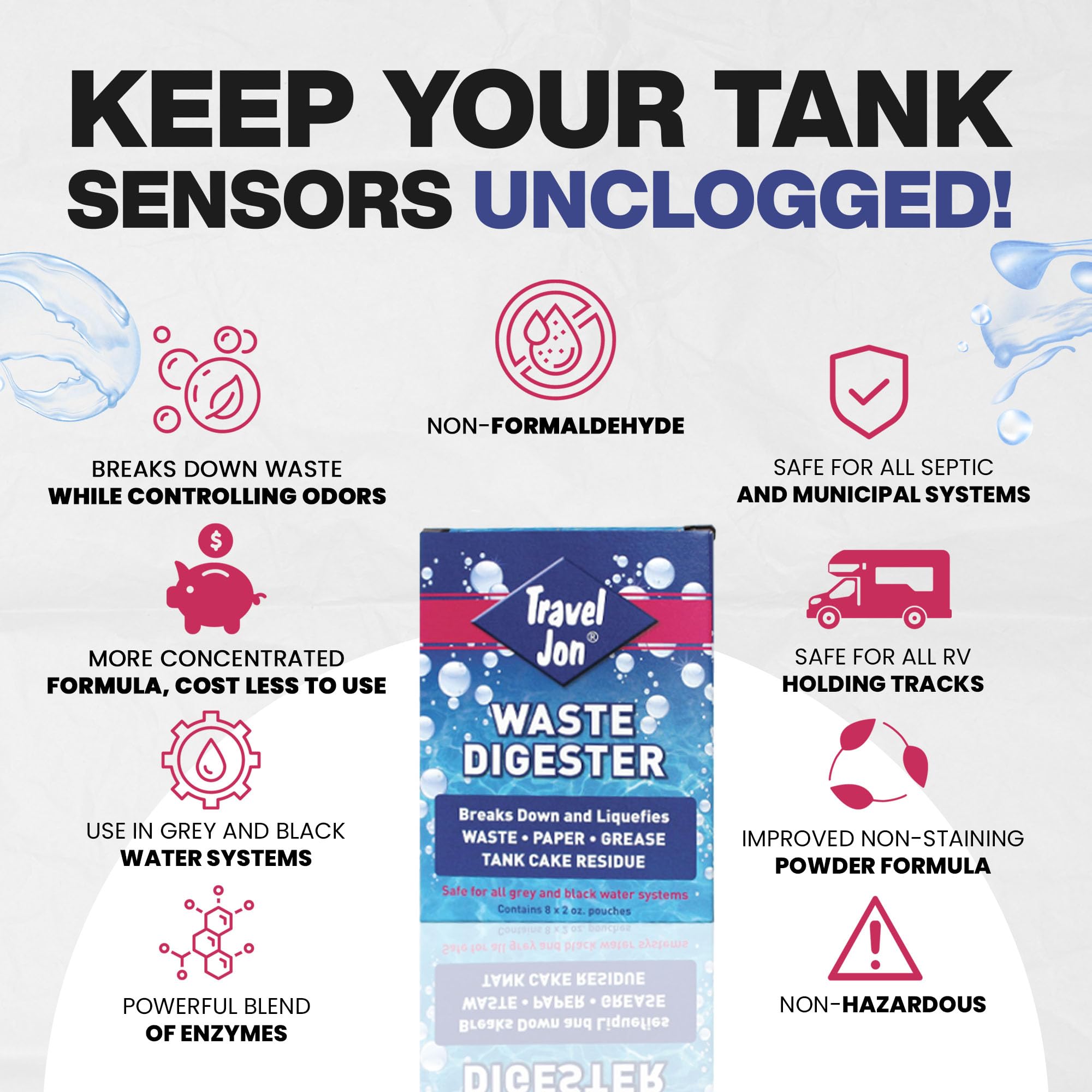 Travel Jon Waste Digester Black Tank Treatment RV - Extra-Strength Marine & RV Toilet Treatment | Liquifies Waste in Black & Gray Tanks - Odor Eliminator, Sensor Cleaner | Enzyme Drop Ins For Toilet