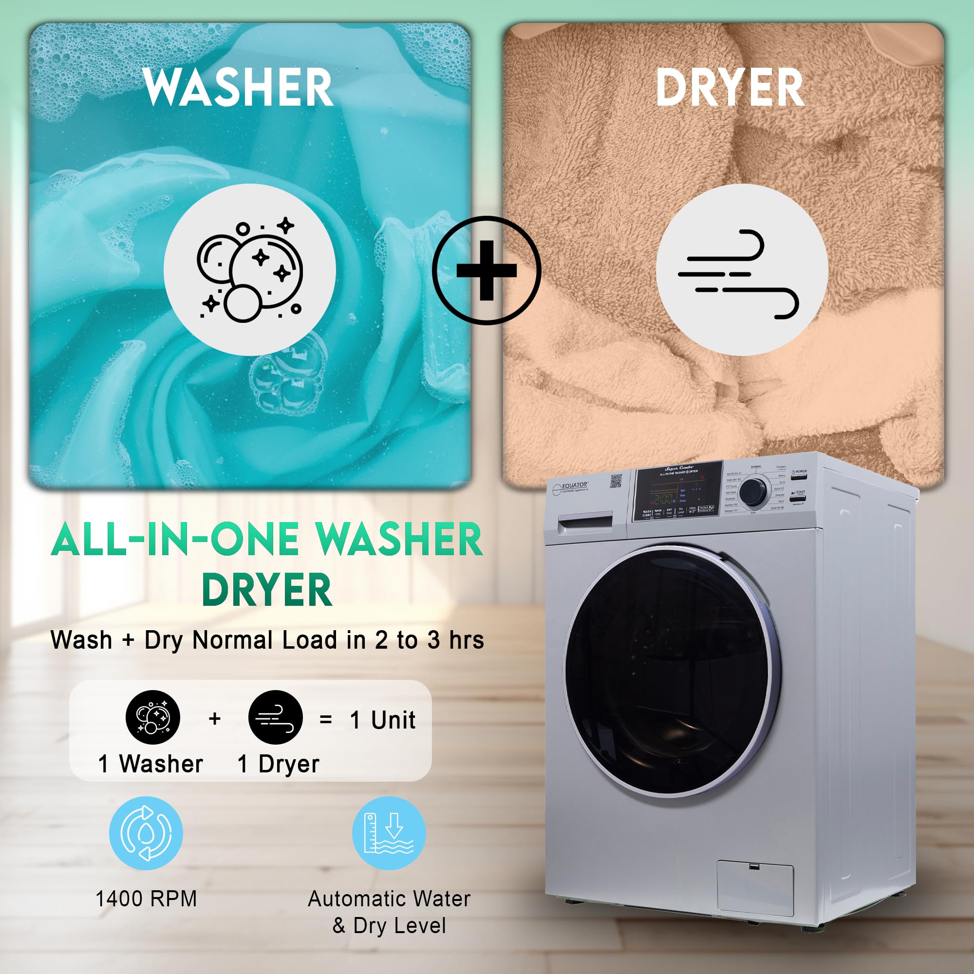 Equator VENTLESS/VENTED All-in-One Washer Dryer 1.62cf/15lbs 110V in Silver PET cycle