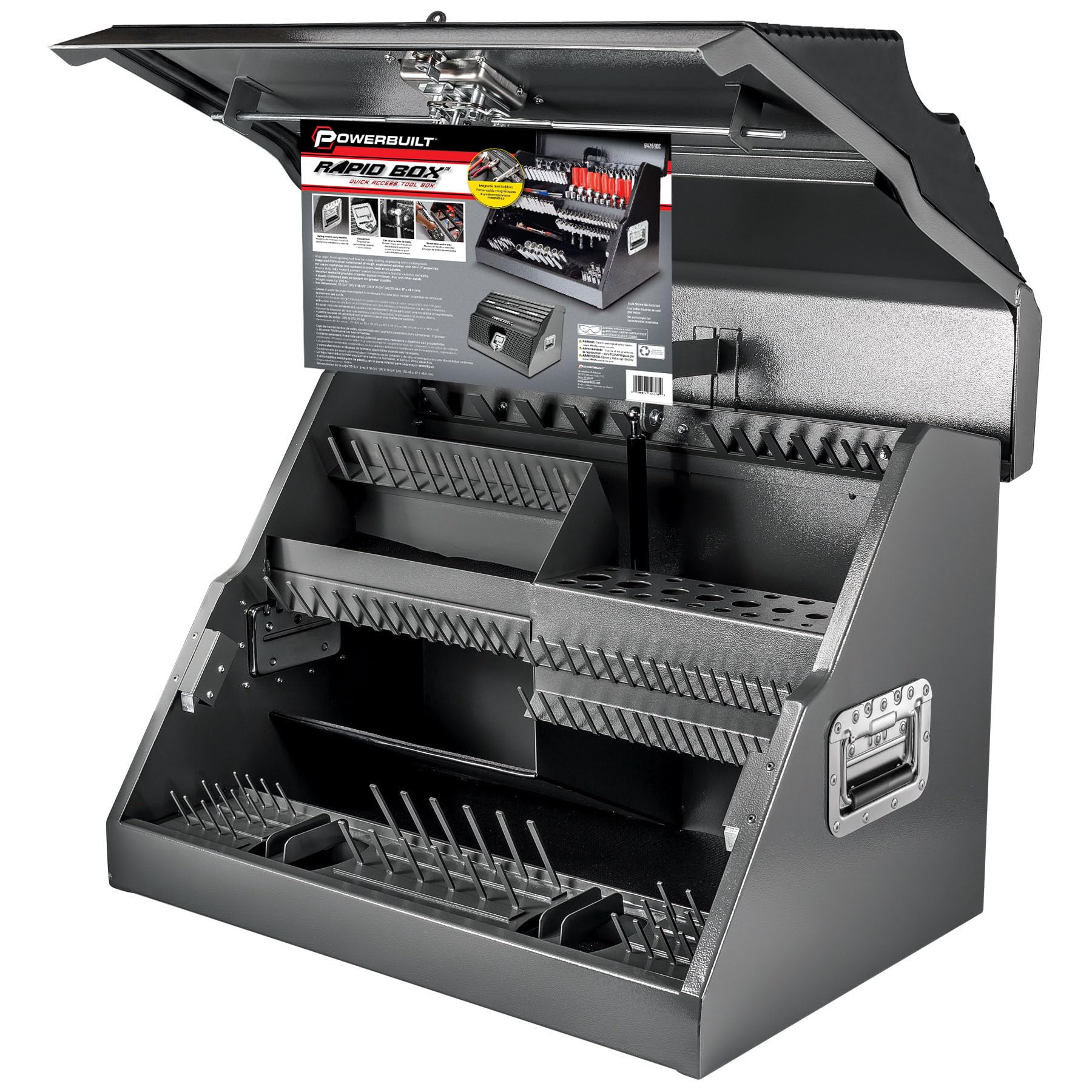 Powerbuilt 26 Inch Rapid Portable Slant Front Toolbox Tiered Tool Holders, 16 Gauge Steel, Weather-Resistant Lockable Magnetic Lid, Grey - 240102