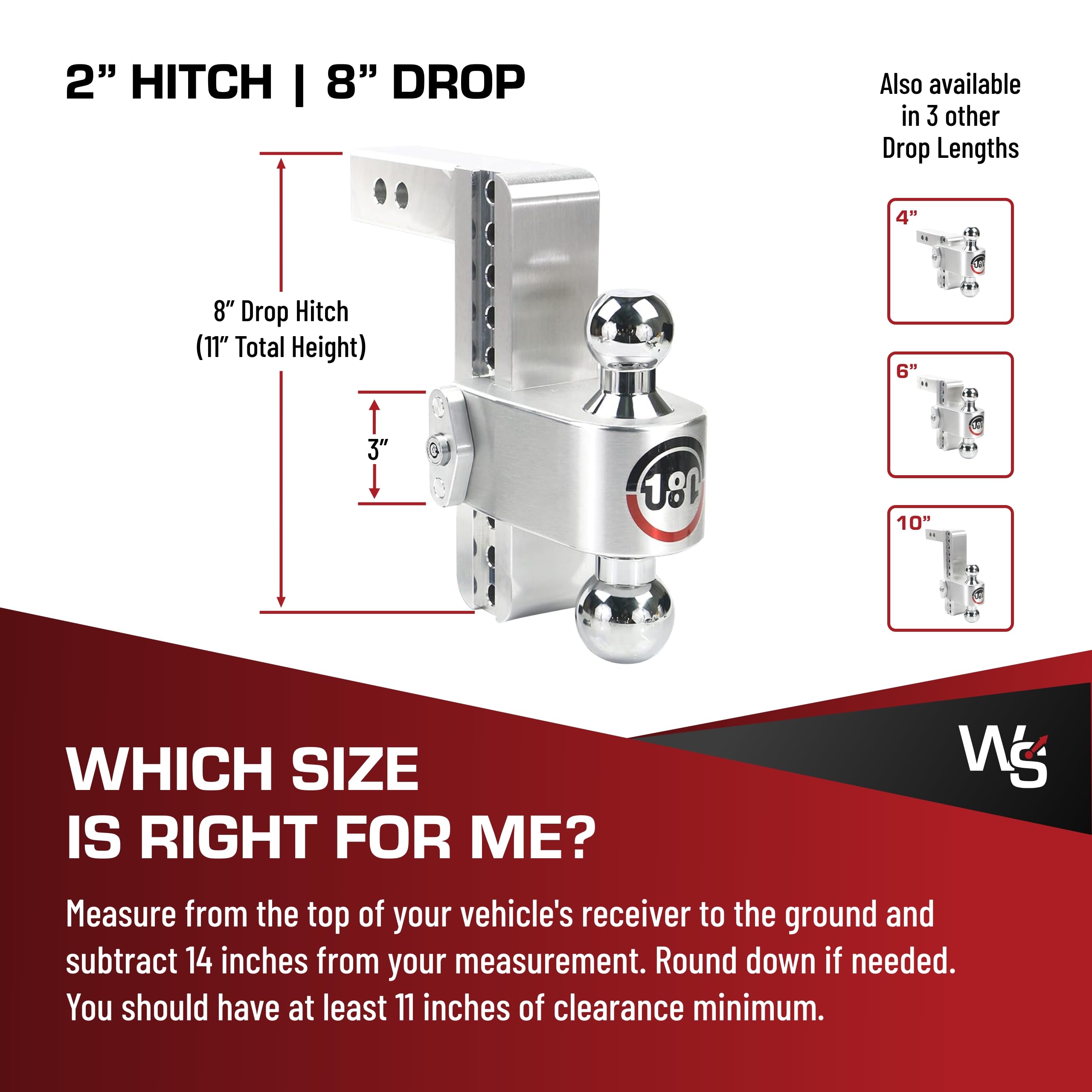 Adjustable Trailer Hitch Weigh Safe 180-Degree - Trailer Hitch for Towing - Compatible with 2" Receivers - 8" Drop, Chrome-Plated Tow Balls, 12,500 GTW, 2-Piece Lock Set