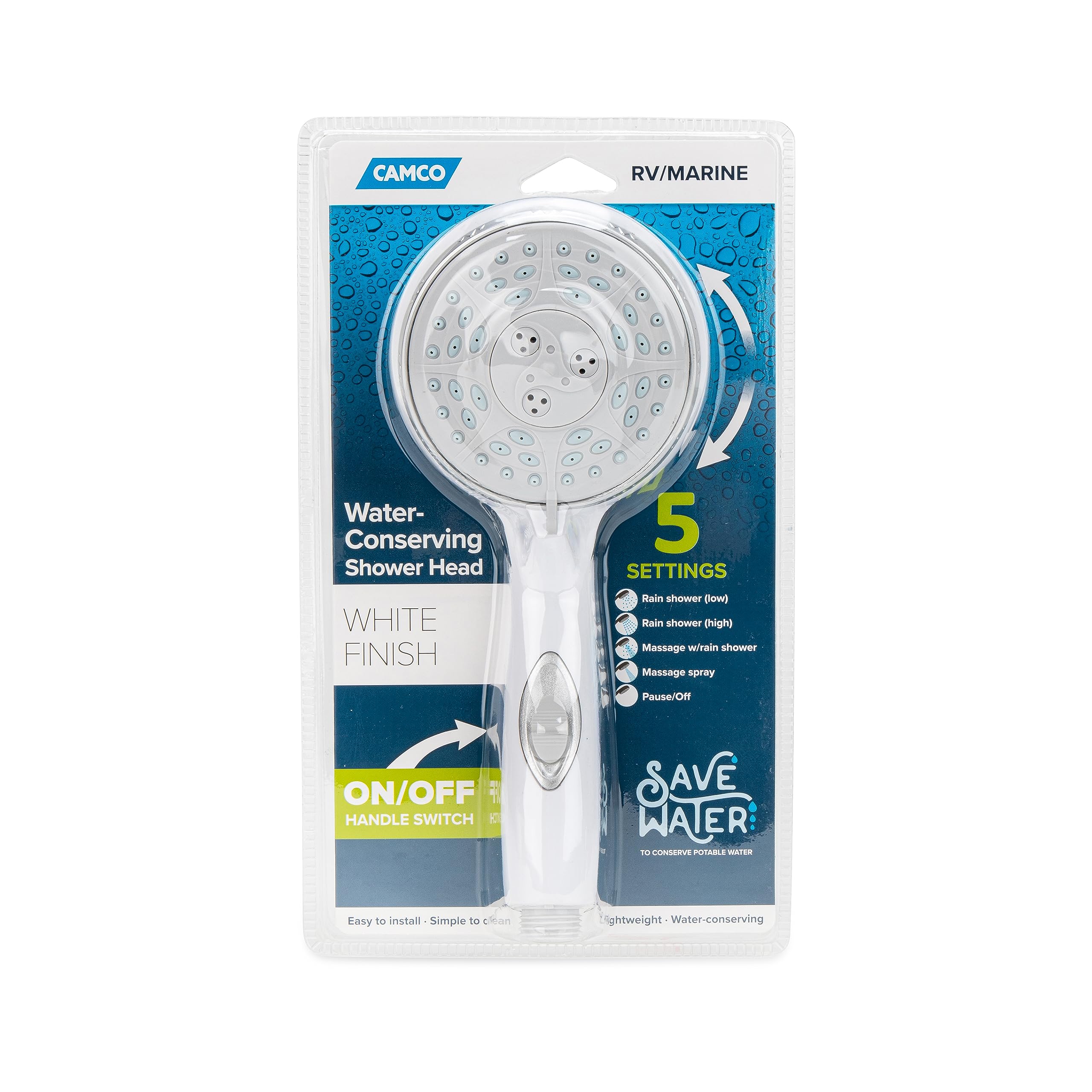 Camco Shower Head RV - Features Convenient On/Off Switch & 5 Different Spray Patterns - Designed to Conserve Potable Water - Simple to Clean w/Rubber Spray Tips - White (43711)