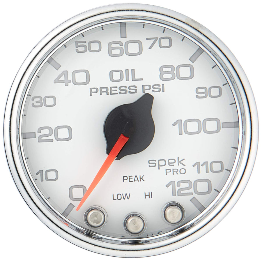 Gauge AUTO METER P32511 Oil Pressure (Spek-Pro 2 1/16", 120Psi, Stepper Motorwith Peak & Warn, Wht/Chrm, Spek-Pro)