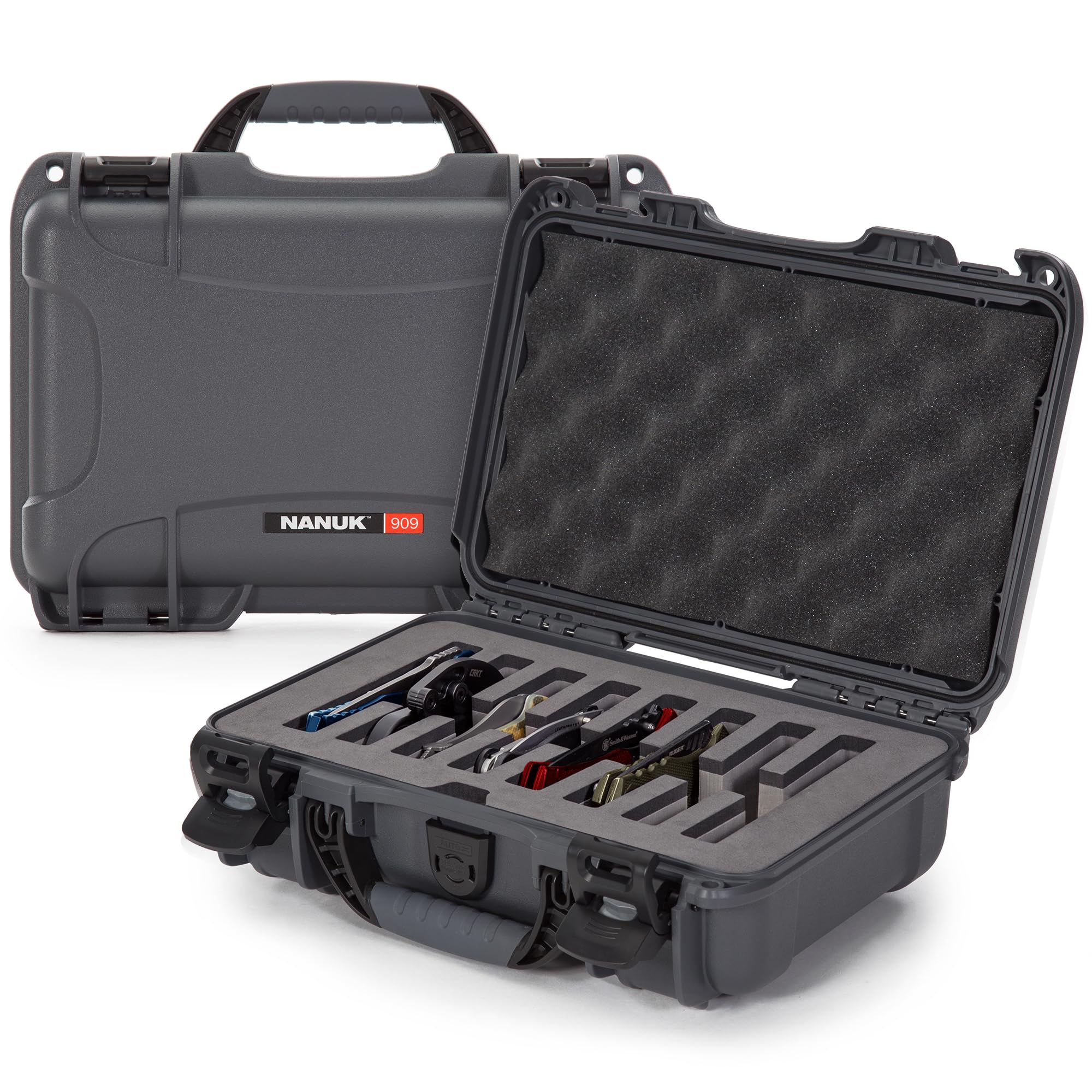 Travel Knife Case NANUK 909 – Waterproof Pocket Knife Storage with 8 Slots, 12.6” x 9” x 4.4” - Lightweight, Lockable, Dustproof, Impact-Resistant & Durable - Graphite