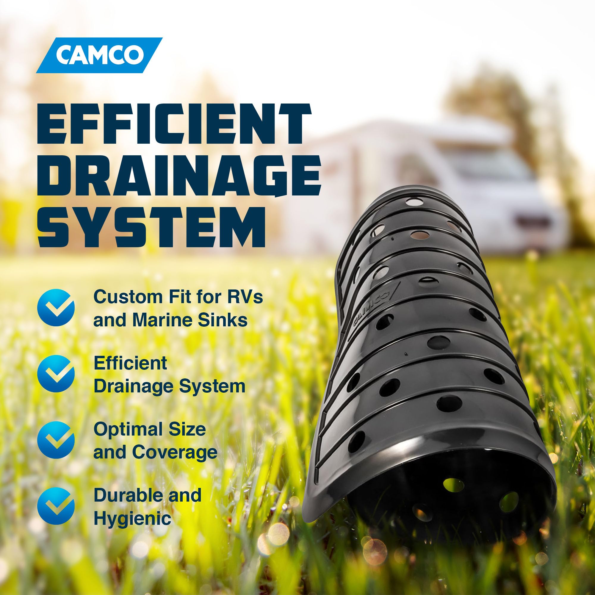 Camco RV and Marine Durable Sink Mat with Drain Holes - Compact Size Designed for Trailer, Camper and Boat Sinks | Measures 10" x 11 ¾ " - Black (43721)