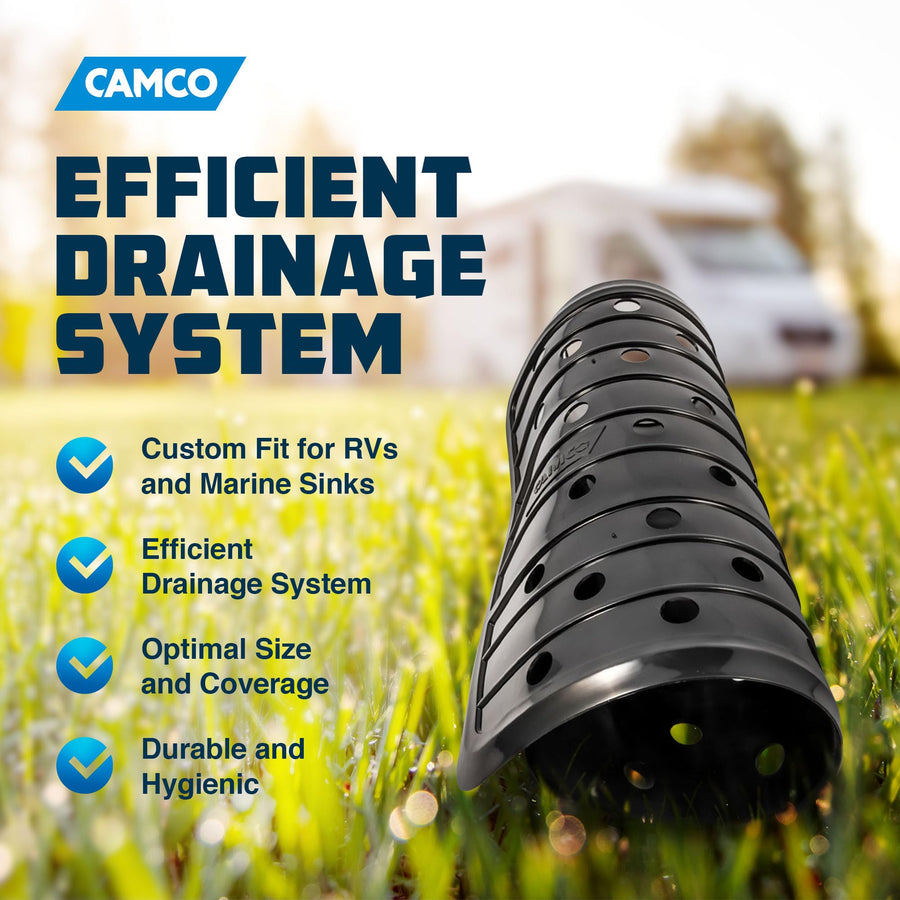 Camco RV and Marine Durable Sink Mat with Drain Holes - Compact Size Designed for Trailer, Camper and Boat Sinks | Measures 10" x 11 ¾ " - Black (43721)
