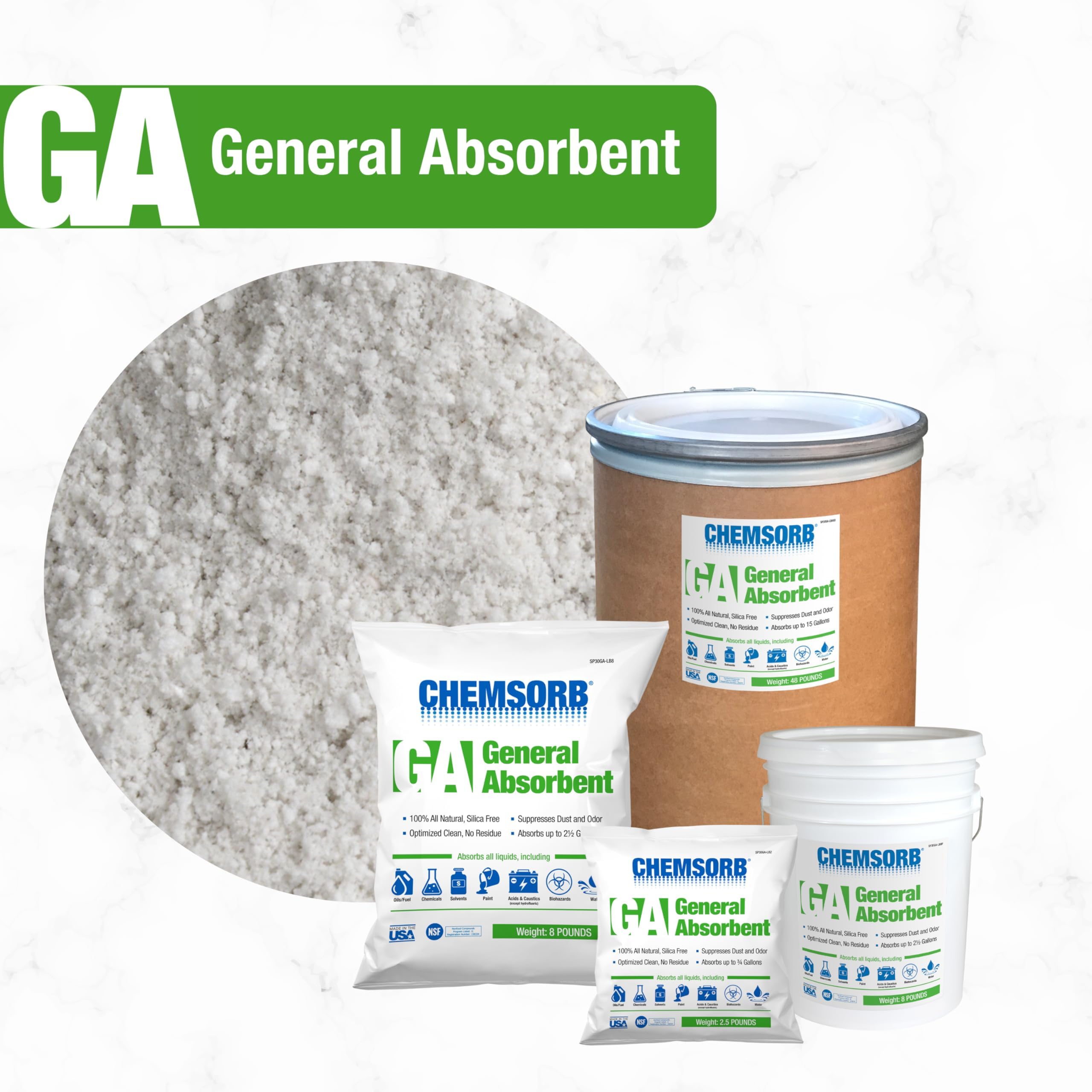 General Absorbent Chemsorb GA - 1 Gal. Bag, SP30GA-L1B, Light Weight Spill Response, Universal Absorbent, Silica Free, Absorb: Oil, Grease, Chemicals, Solvents, Diesel Fuel, White