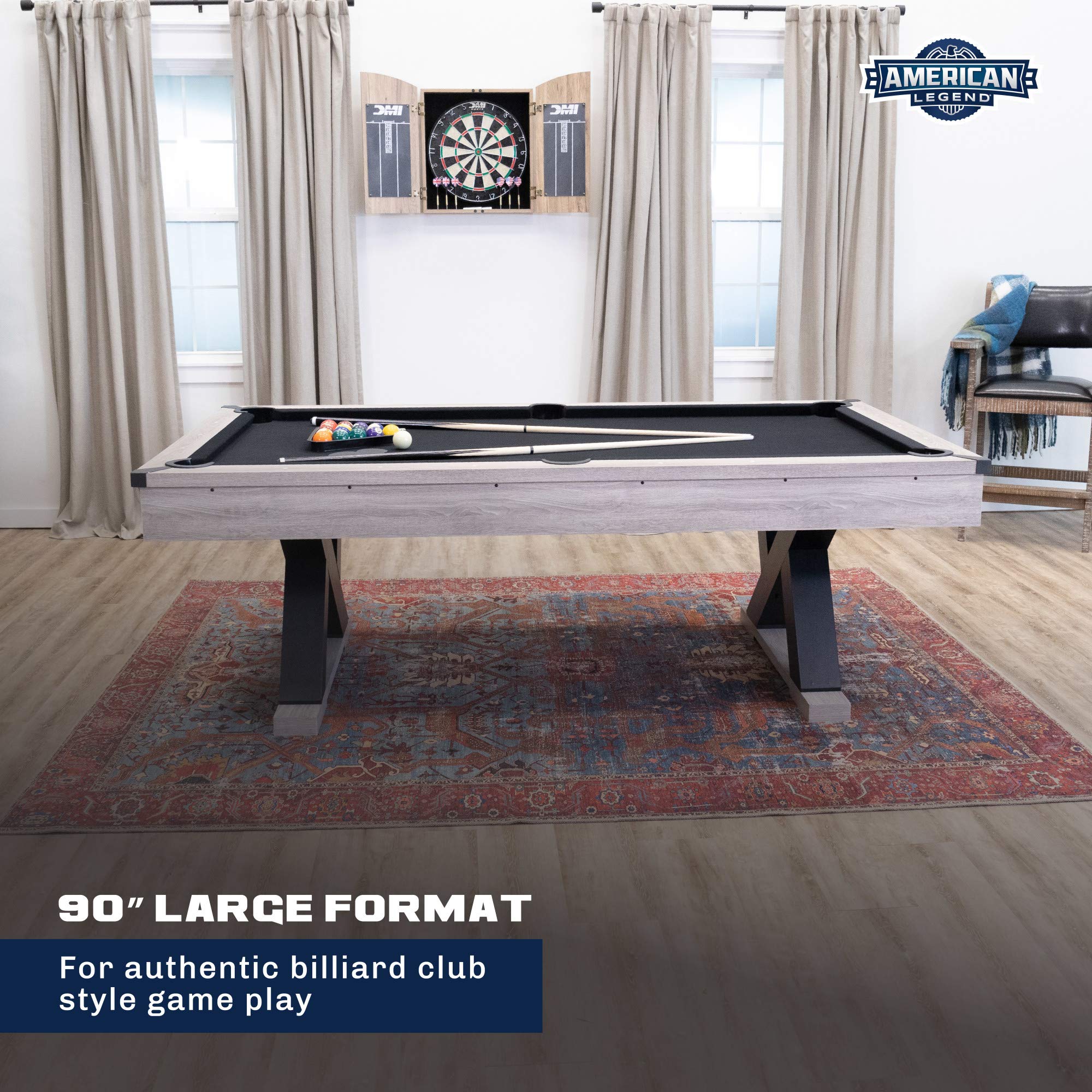 Kirkwood American Legend 90” Billiard Table with Rustic Finish, K-Shaped Legs and Black Cloth, Brown