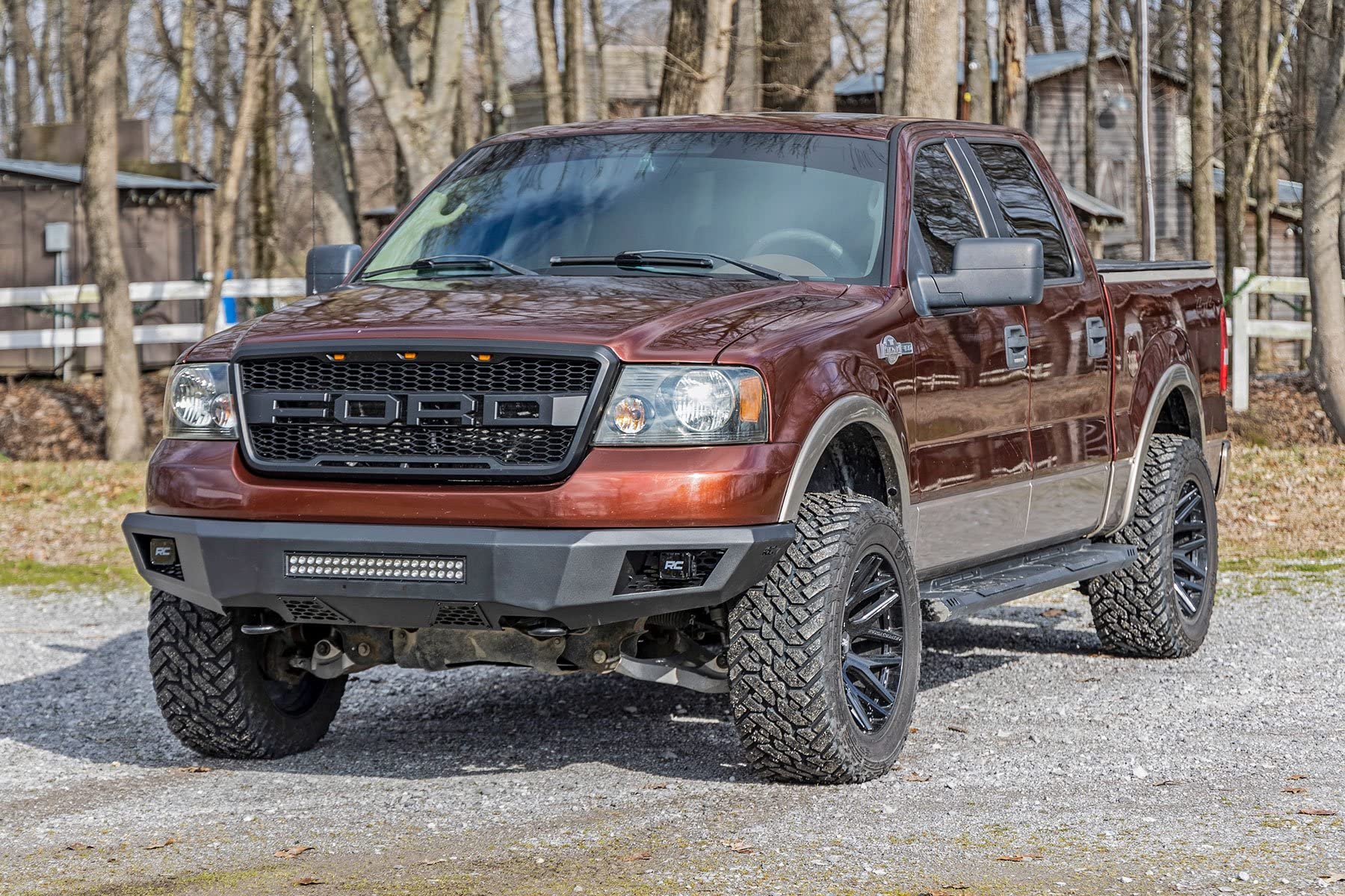Front Rough Country LED Bumper for Ford F-150 (2004–2008) - Heavy-Duty Steel, Includes 20" LED Light Bar & (4) 2" LED Cubes, No-Drill Install