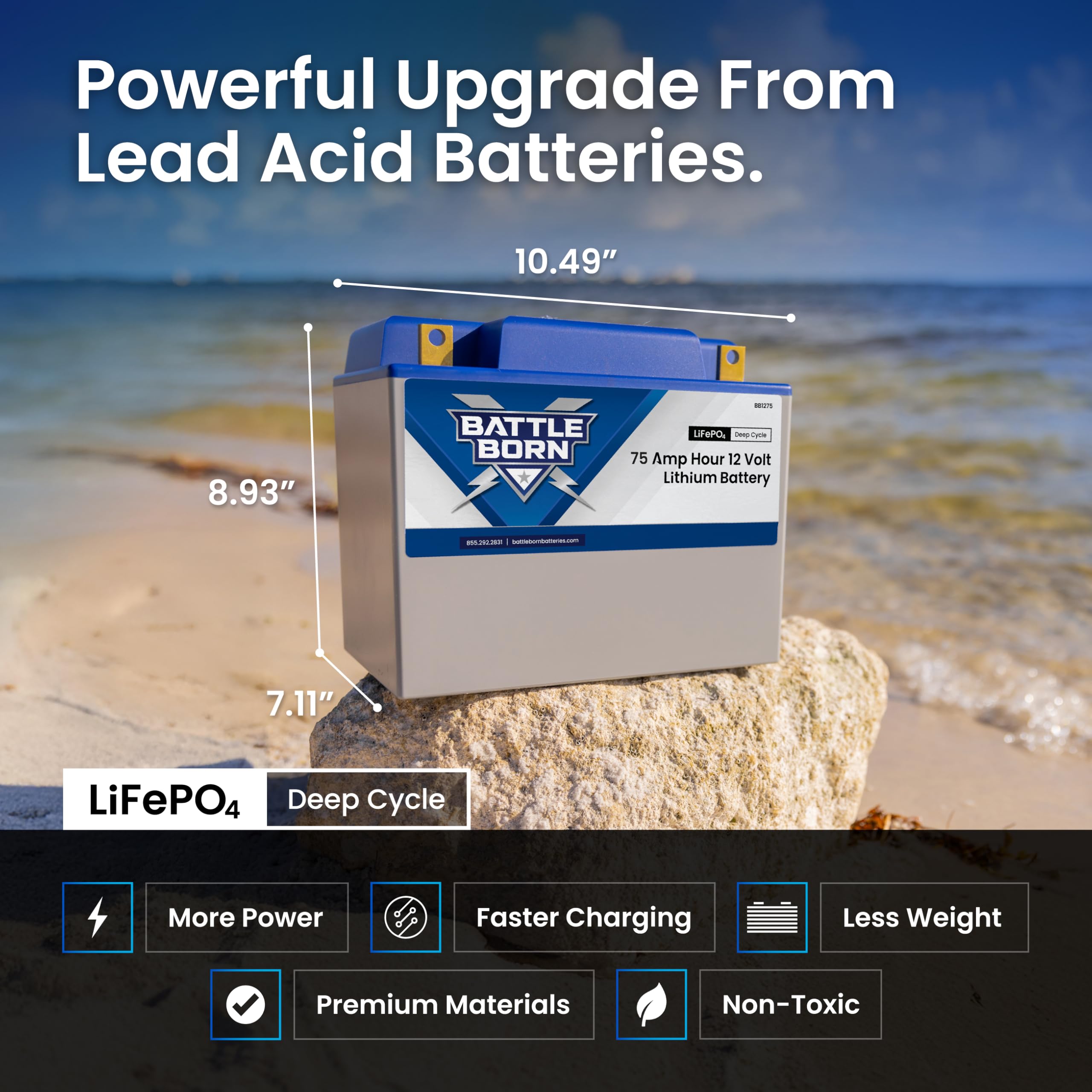 12V 75Ah Lithium-Ion (LiFePO4) RV, Van, Marine, Solar, & Off Grid Battery - Internal BMS, High & Low Temperature Protection - Battle Born Batteries