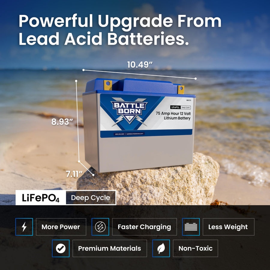 12V 75Ah Lithium-Ion (LiFePO4) RV, Van, Marine, Solar, & Off Grid Battery - Internal BMS, High & Low Temperature Protection - Battle Born Batteries