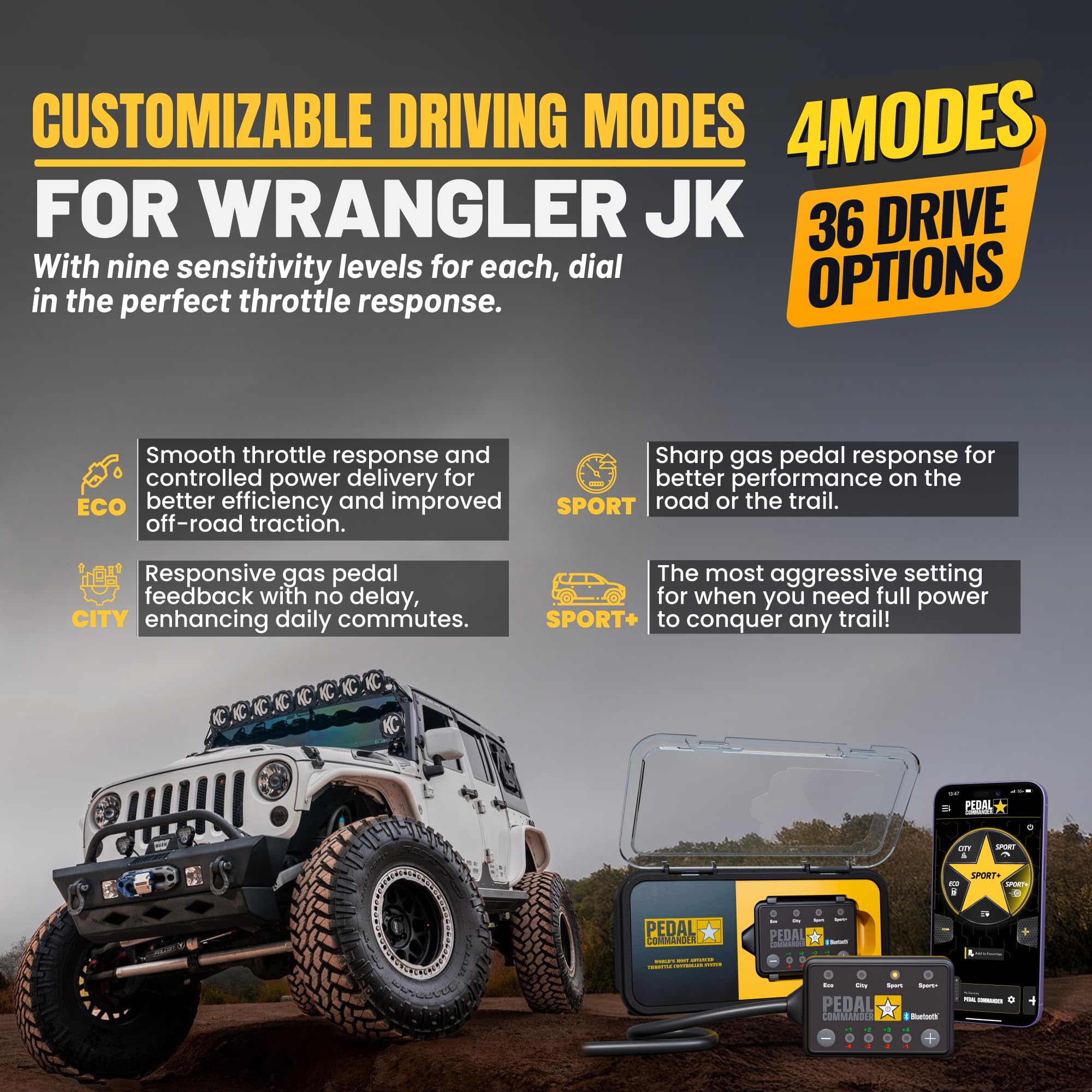 Throttle Response Controller PEDAL COMMANDER for Jeep Wrangler JK 2006-2018 - Plug-and-Play Upgrade, App Control, Throttle Controller Off-Road Performance Mods Jeep Wrangler Accessories