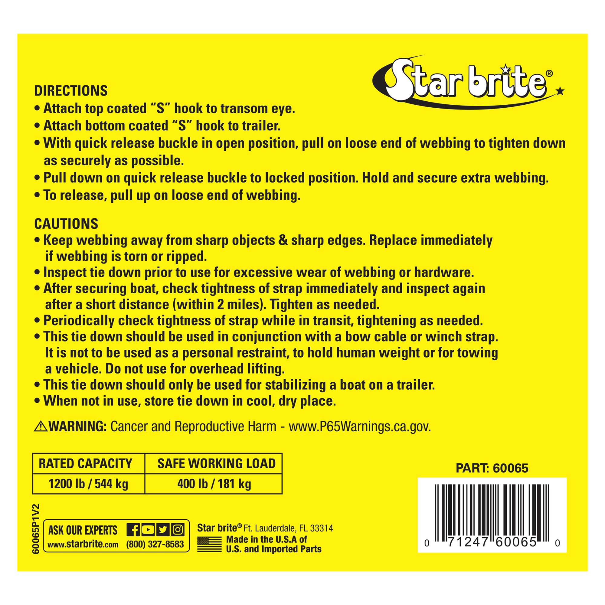 Transom Tie Down STAR BRITE 2" x 4' w/Quick Release Buckle and Coated S Hooks (060065)