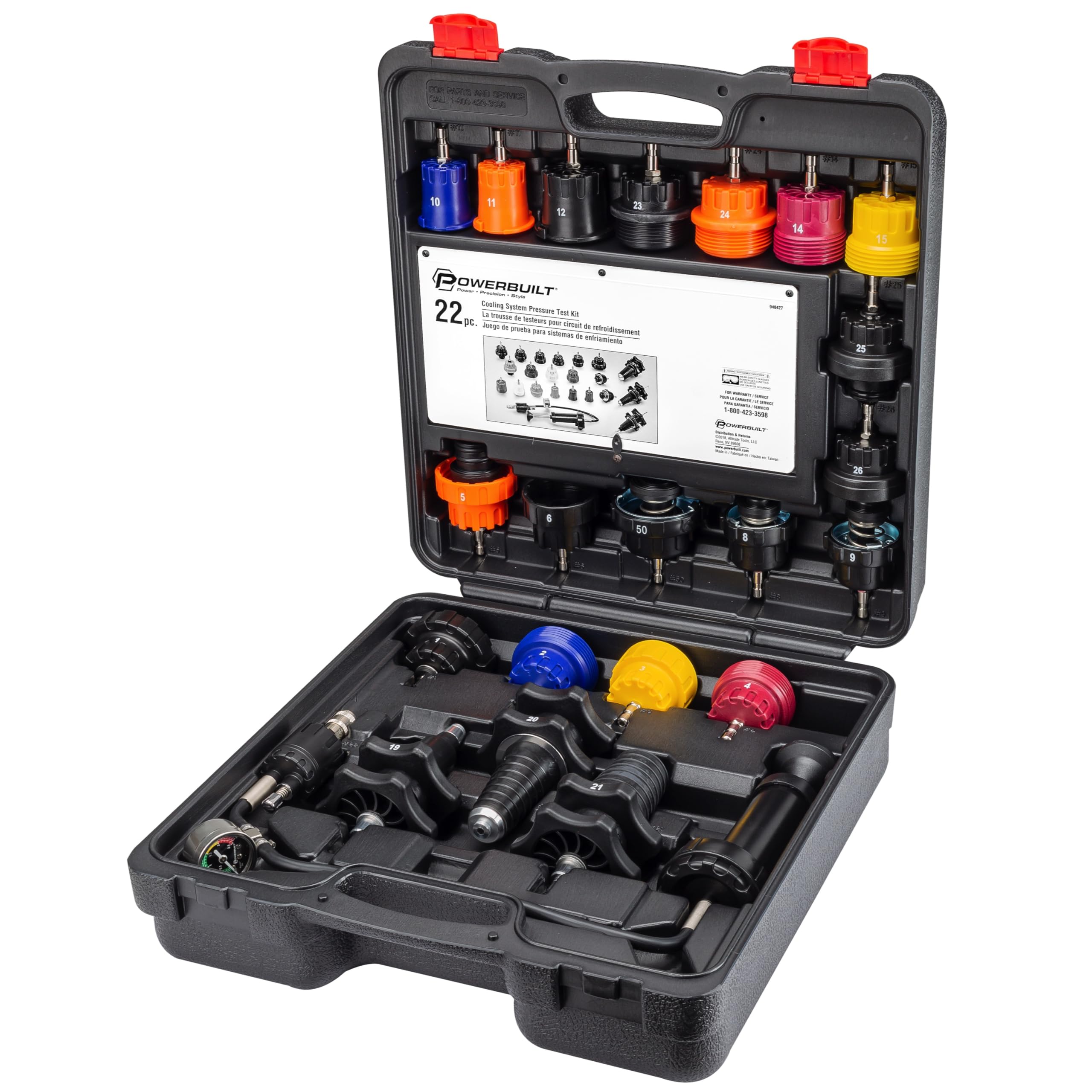 22 Piece Powerbuilt Cooling System Pressure Tool Kit, Service and Leak Detection for Cars and Trucks, Coolant Adapters, Storage Case 940427