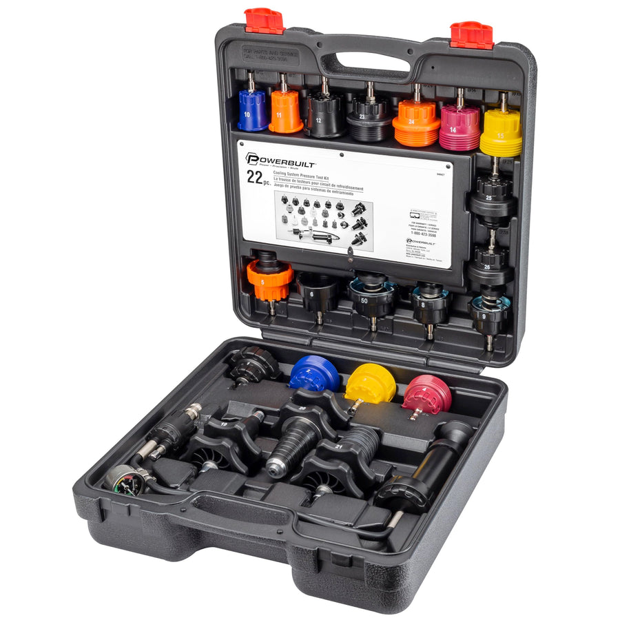 22 Piece Powerbuilt Cooling System Pressure Tool Kit, Service and Leak Detection for Cars and Trucks, Coolant Adapters, Storage Case 940427