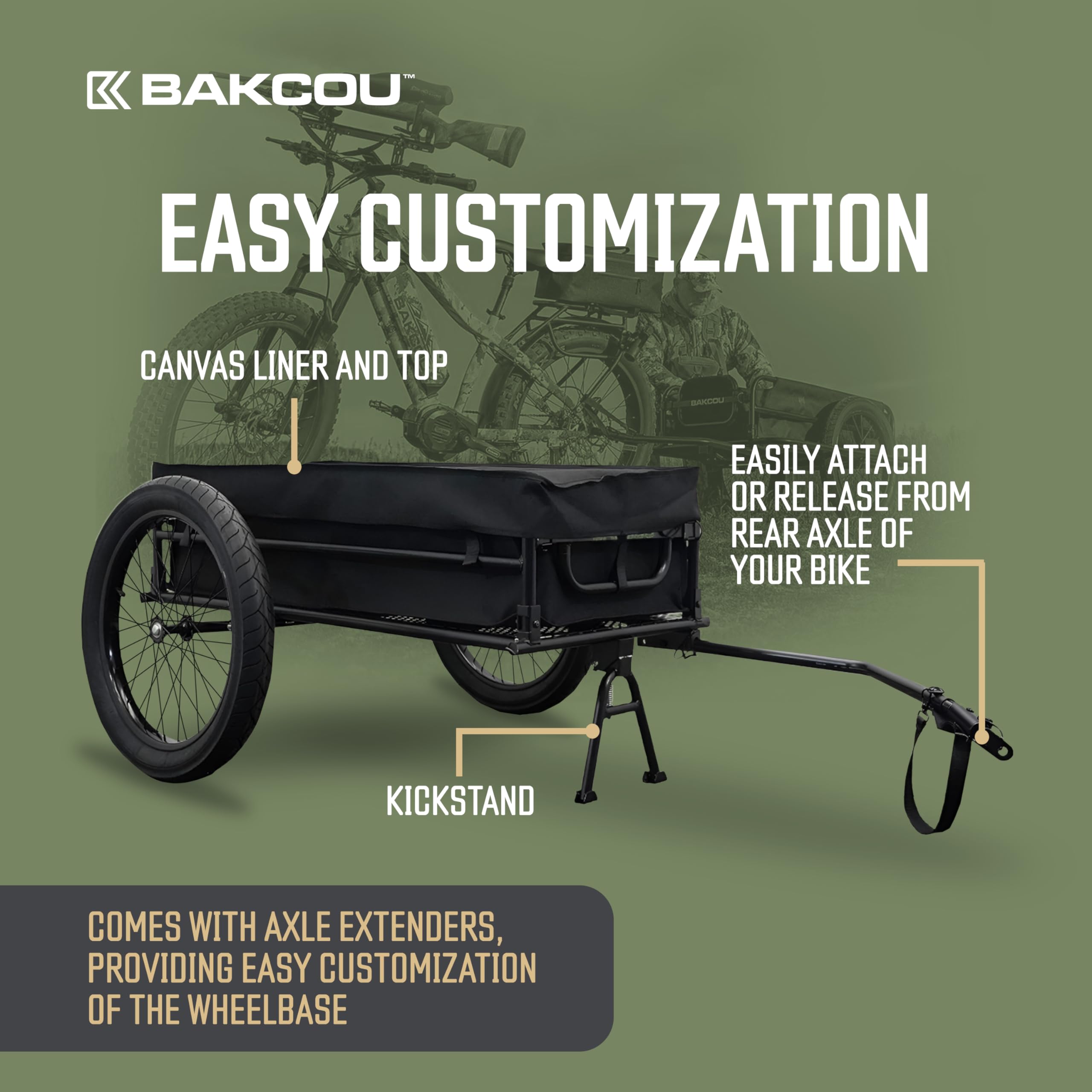 Folding Cargo eBike Trailer Bakcou - with 20" x 3" Fat Tires, Canvas Liner, Hitch, Axle Extenders & Kickstand - 150-200 lbs Capacity