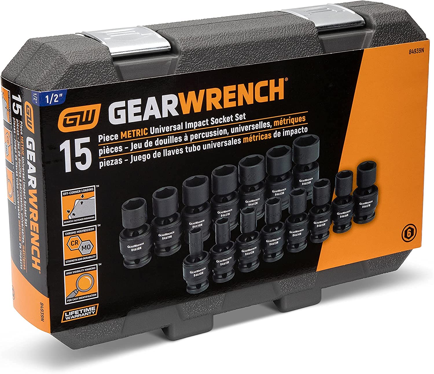 1/2-Inch GEARWRENCH 6 Point Metric Universal Impact Socket Set (15 Piece) - 84939N