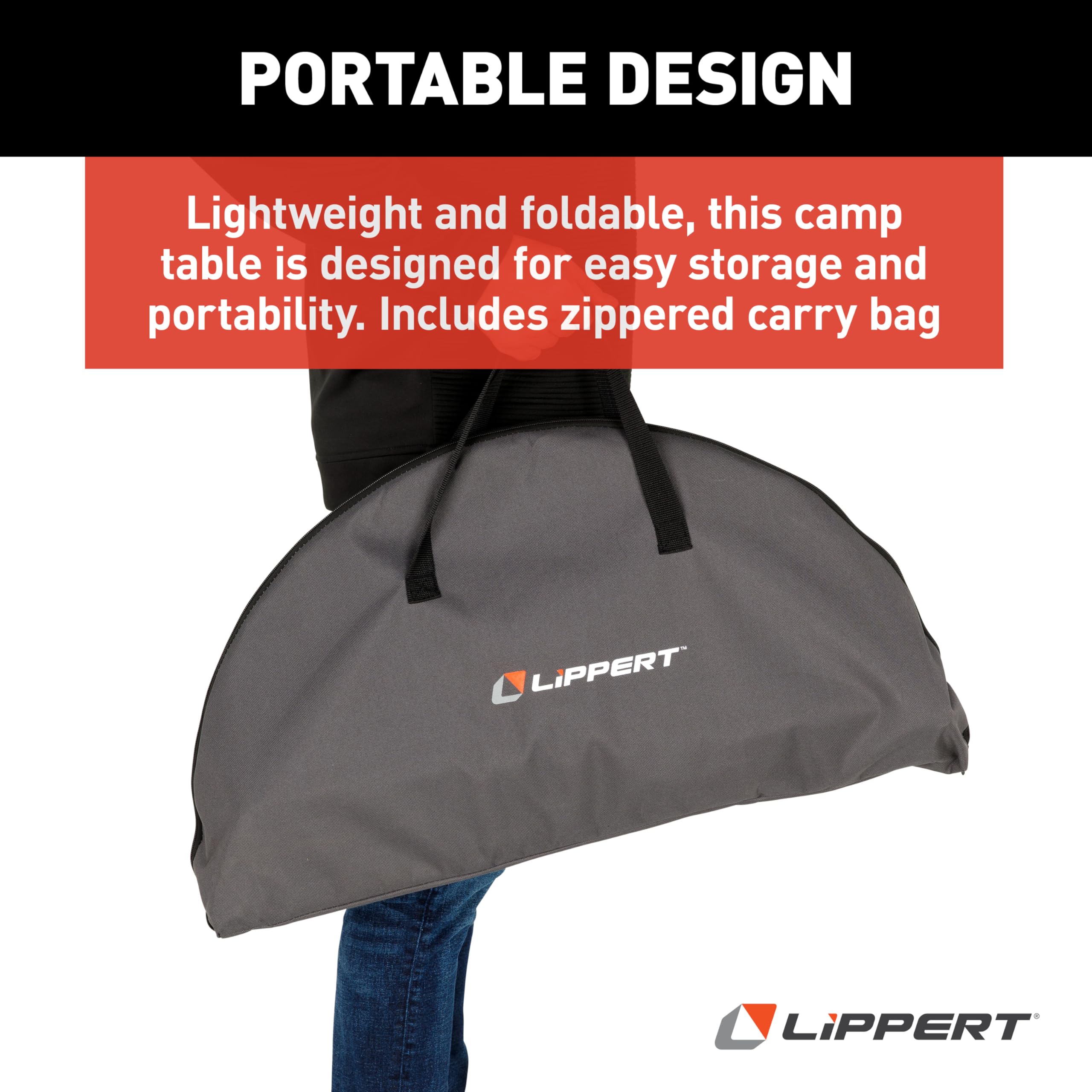 Dark Grey Lippert Two-Tier Folding Camping Table with Dual Cupholders, 600D Polyester Fabric, Powder-Coated Steel Frame, Foldable Design, Lightweight Construction, Zippered Carry Bag - 2023053720