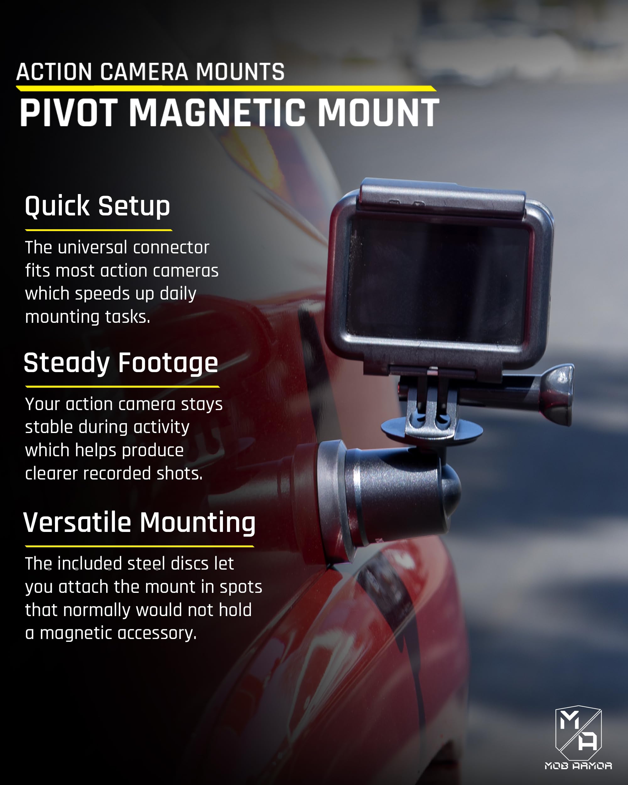 Mob Armor Pivot Mount Action Camera - Heavyduty Magnetic Base for GoPro and Action Cameras, Adjustable 90° Ball Joint, and Ultra-Strong 90 lb Pull-Force for Versatile Filming (5 x 5 x 5 Inches)