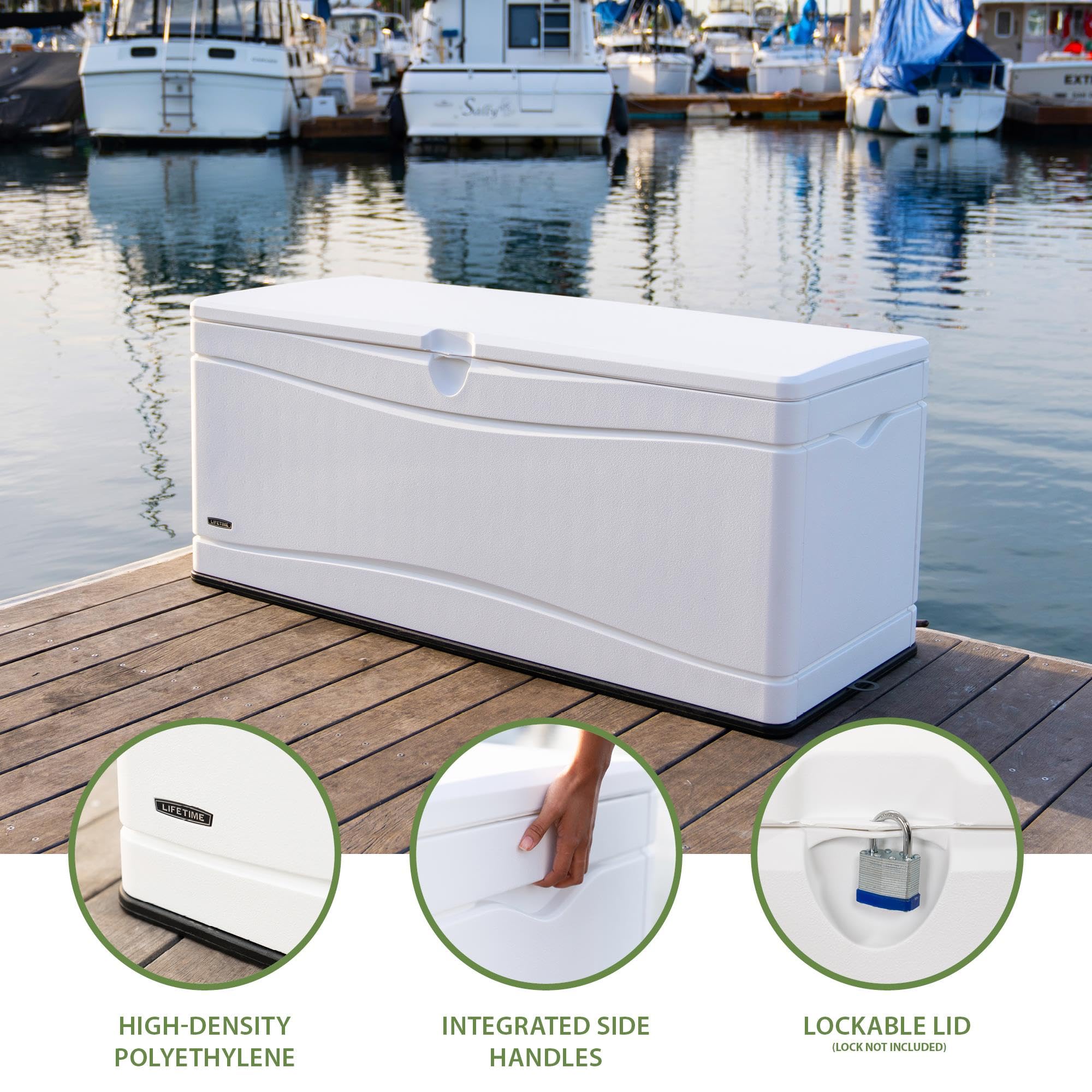 Outdoor Storage Deck Box LIFETIME, 130 Gallon, Arctic White, Lockable, UV-Protected, for Decks and Marine Docks