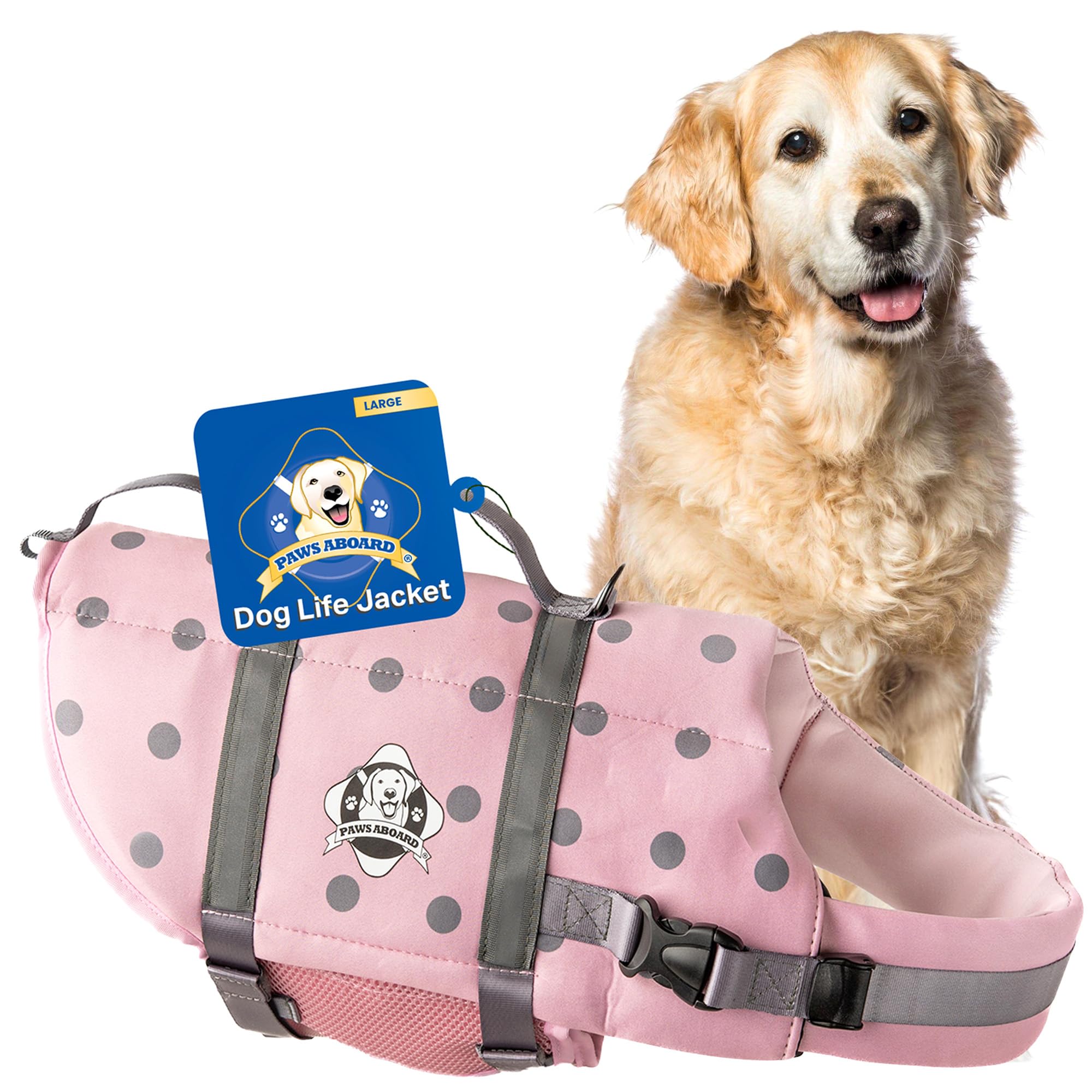 Dog Life Jacket Paws Aboard - Swimming Vest for Dogs, Adjustable, Reflective, Comfortable, Multiple Colors, Patterns, XX-Small to Extra Large Dog Swim Vest with Handle (Pink/Silver, Large)