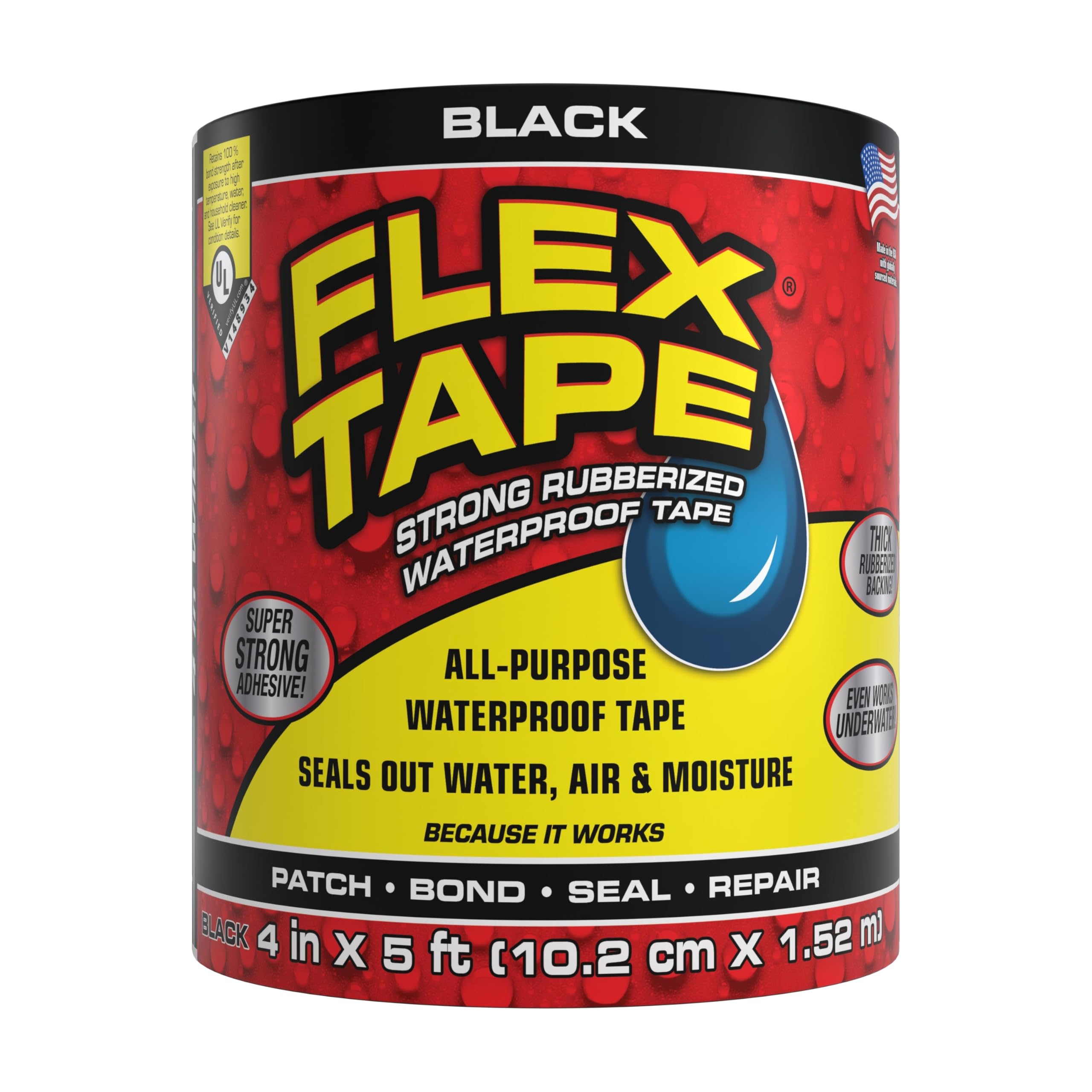Original Flex Tape, Thick Flexible Rubberized Waterproof Tape - Seal and Patch Leaks, Works Underwater, Indoor Outdoor - Home RV Roof Plumbing and Pool Repairs, Black, 4 in x 5 ft, Pack of 1