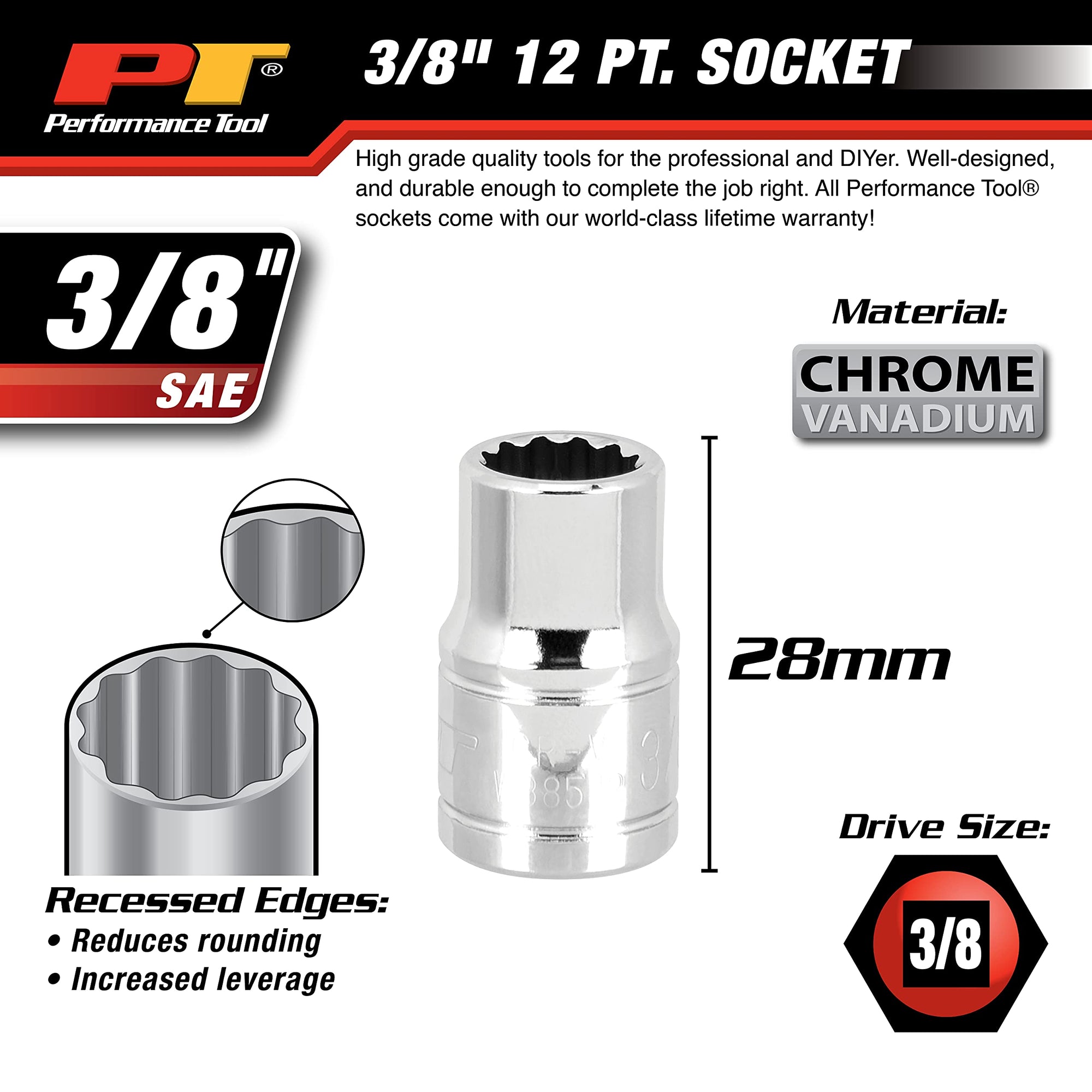 W38512 Performance Tool 3/8-Inch Drive 12-Point Socket, 3/8