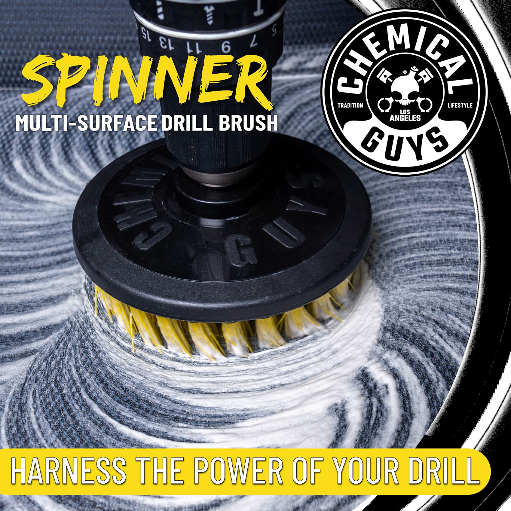 Chemical Guys Medium Duty Spinner ACC507 Multi-Surface Drill Brush Attachment (Fits Any Standard Drill - Power Scrubber Removes Stains & Cleans Floor Mats, Upholstery & Carpets), Yellow