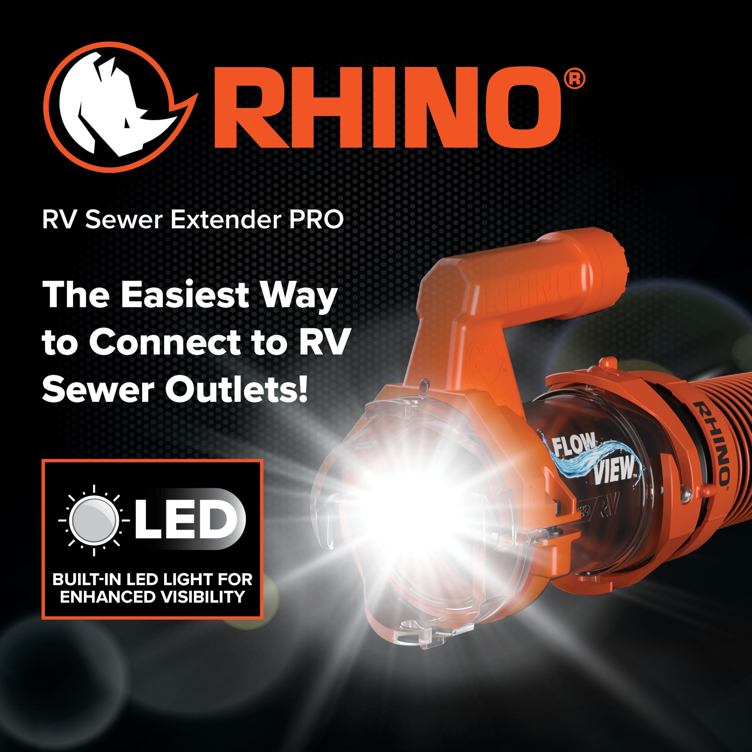 Rhino RV Sewer Hose Extender PRO Camco – 5″ Sewer Hose Extension — Torque-Grip Handle with Built-in LED Flashlight — The Easiest Way to Connect Your RV Sewer Hose (39570)