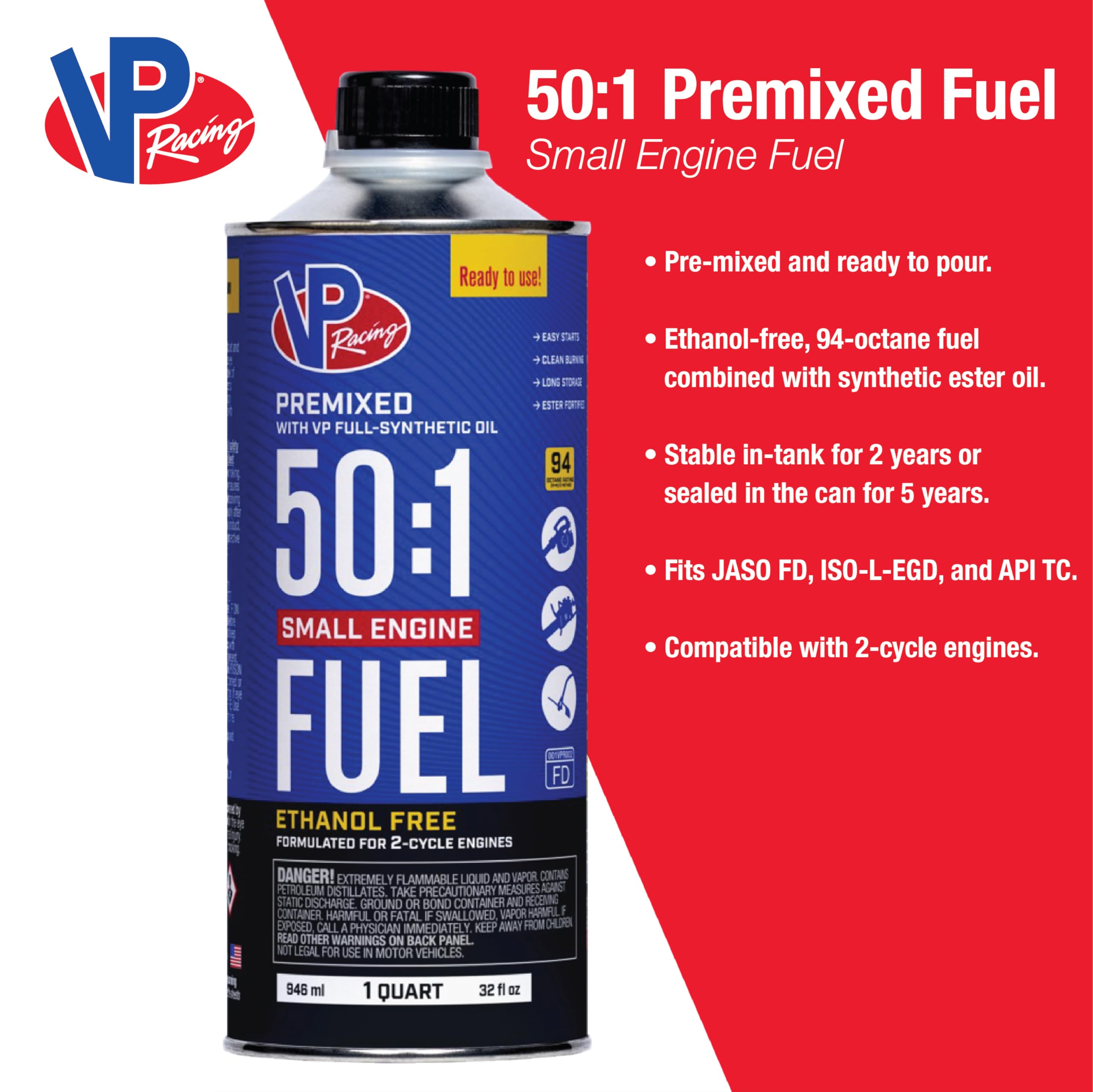 6235 VP Racing Fuels 50:1 SEF Premixed 2-Cycle Small Engine Fuel, 1 Quart