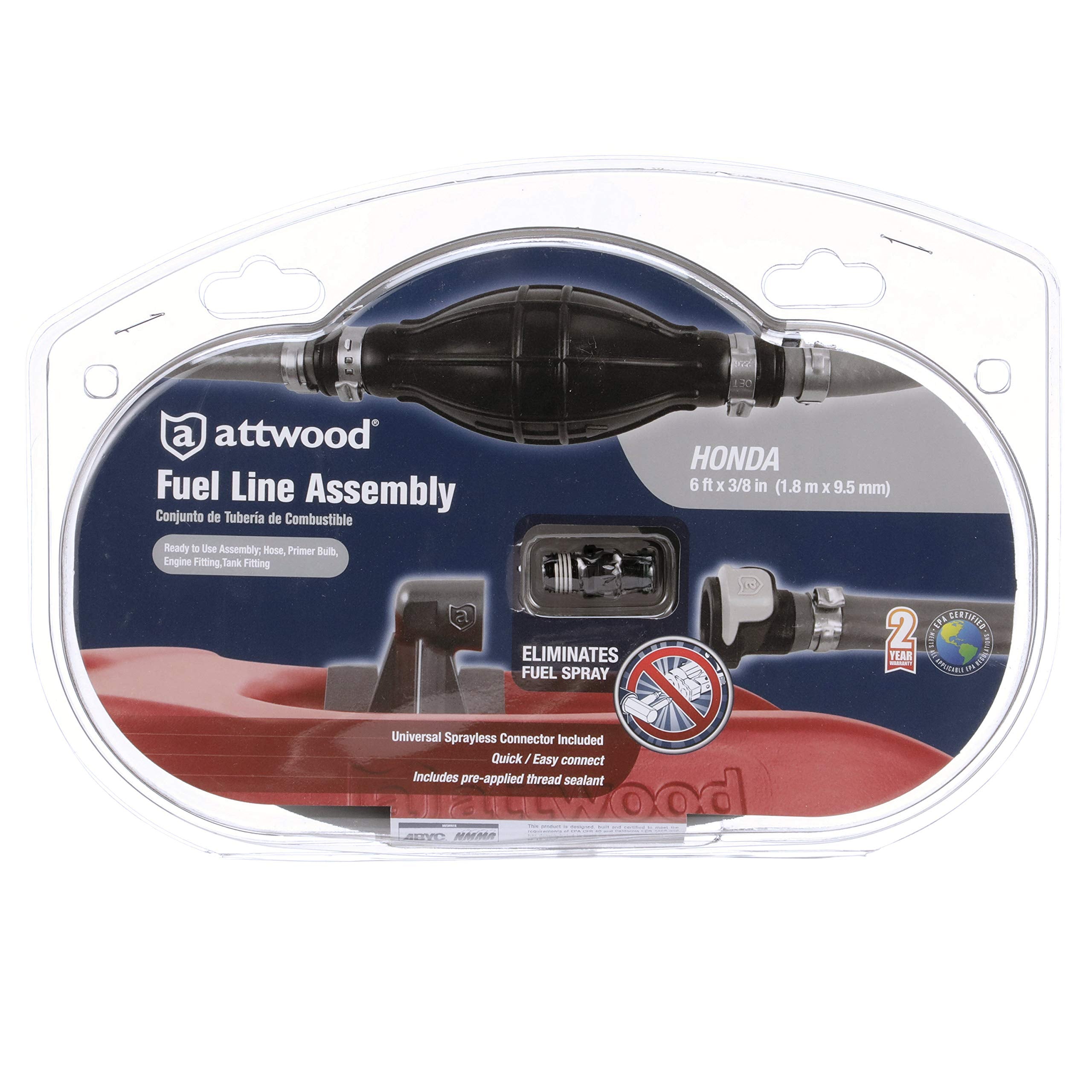 Honda Attwood 93806HUS7 Fuel Line Kit, 6 Feet Long, 3/8-Inch Diameter, Multi-Layer Low-Permeation Primer Bulb