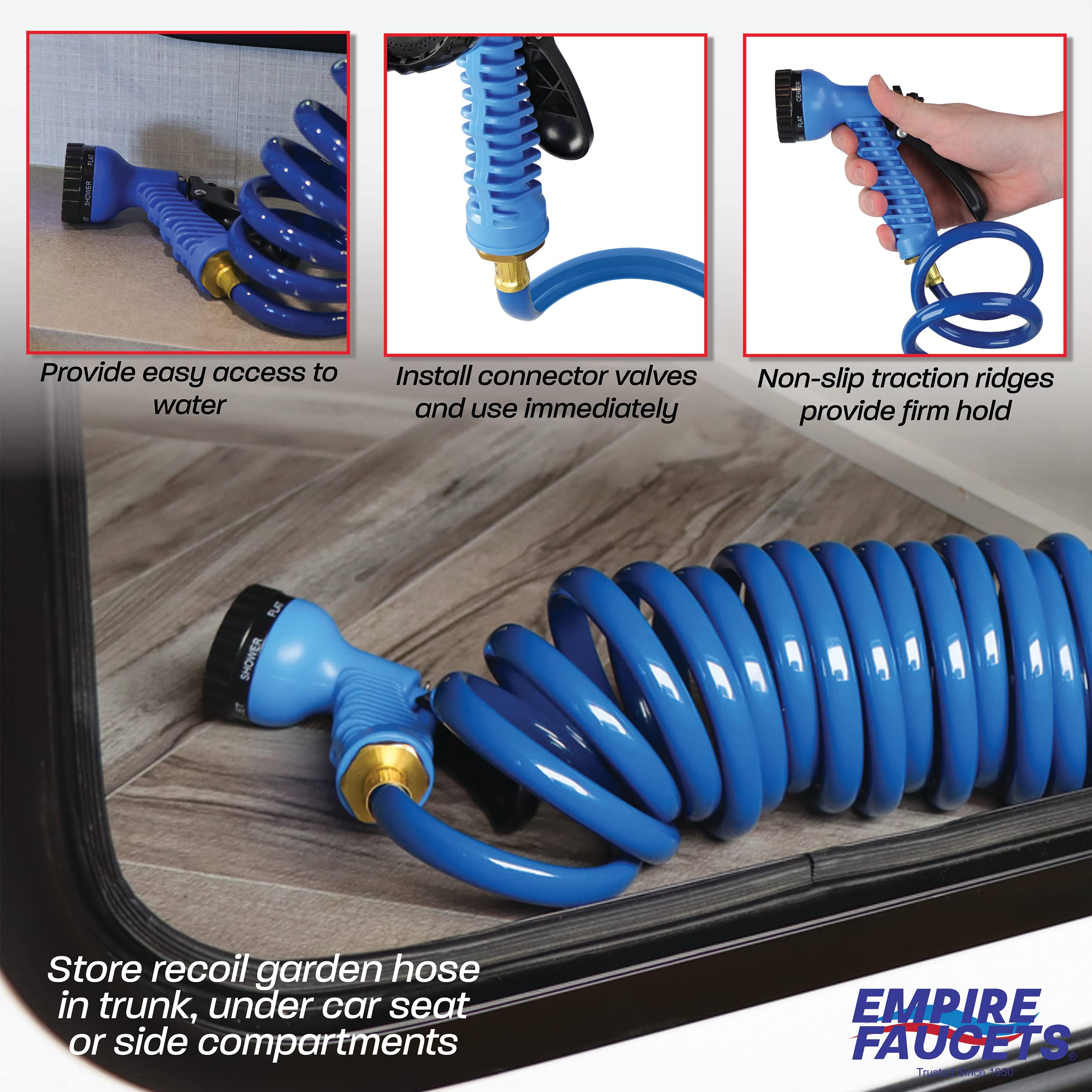 RV Potable Water Hose Set Empire Faucets - 15ft Blue Coil Hose and 7-Function Sprayer - Recoiling Spiral Water Hose