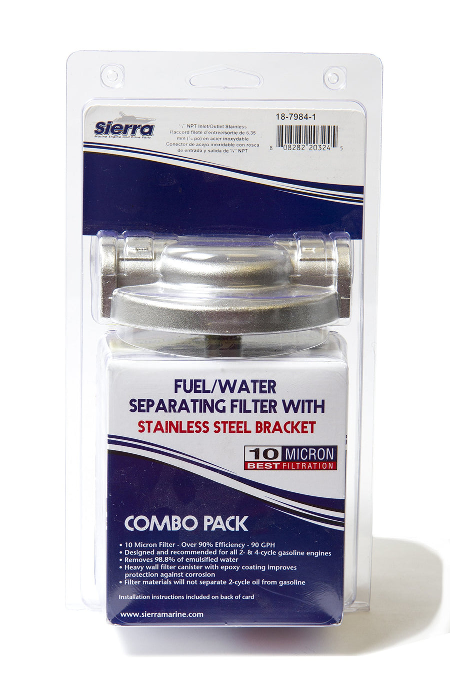 18-7984-1 Sierra International 10 Micron Stainless Steel Fuel/Water Separator Kit - 1/4, Tall