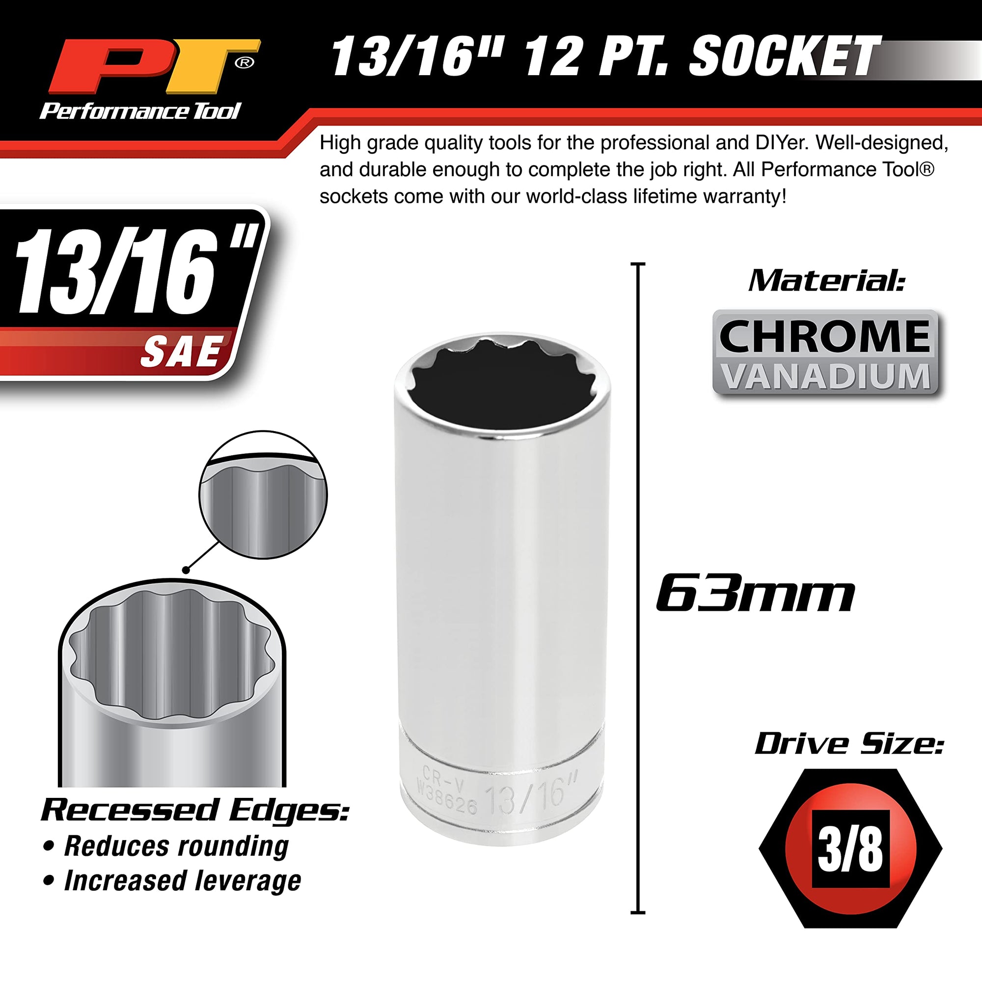 W38626 Performance Tool 12-Point Socket, 3/8-Inch Drive, 13/16