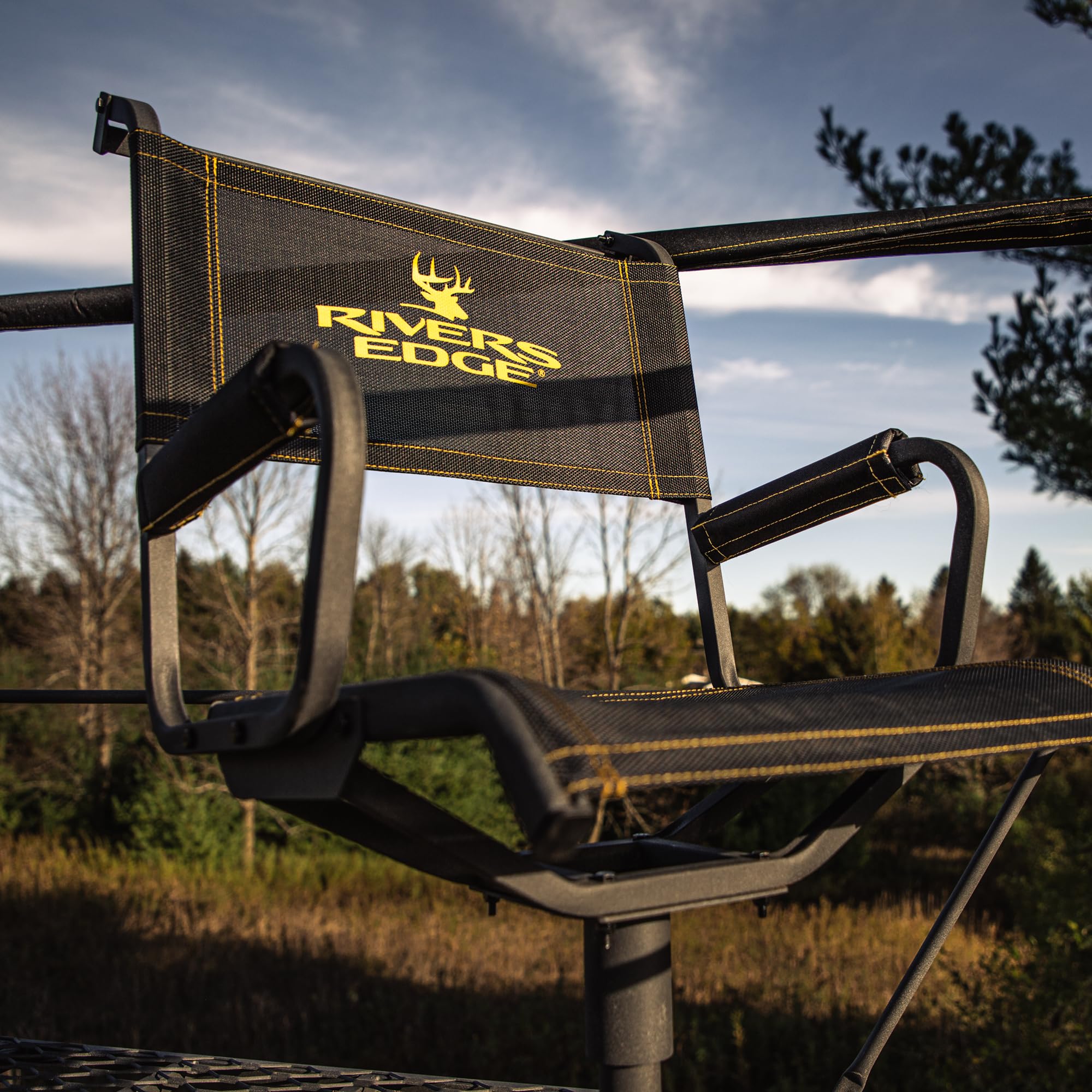 12’ Rivers Edge® 2-Man Quad Pod Tower Stand, TearTuff™ Mesh Seats, 360-Degree Swivel Chairs, Adjustable Padded Shooting Rail, Unmatched Stability, Oversized Platform, RE401