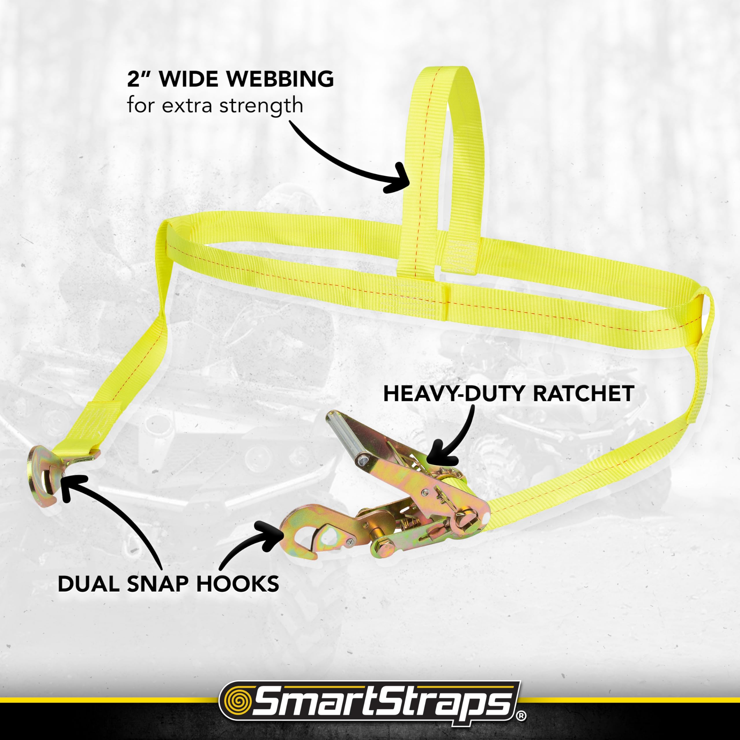 Tire Bonnet Ratchet Straps SmartStraps — Commercial Duty Tire Bonnet Tie Down with Ratchet — 10,000lb Break Strength, 3,333lb Safe Load — Haul Equipment, Tractors and Vehicles, Small, Yellow, 1 Pack